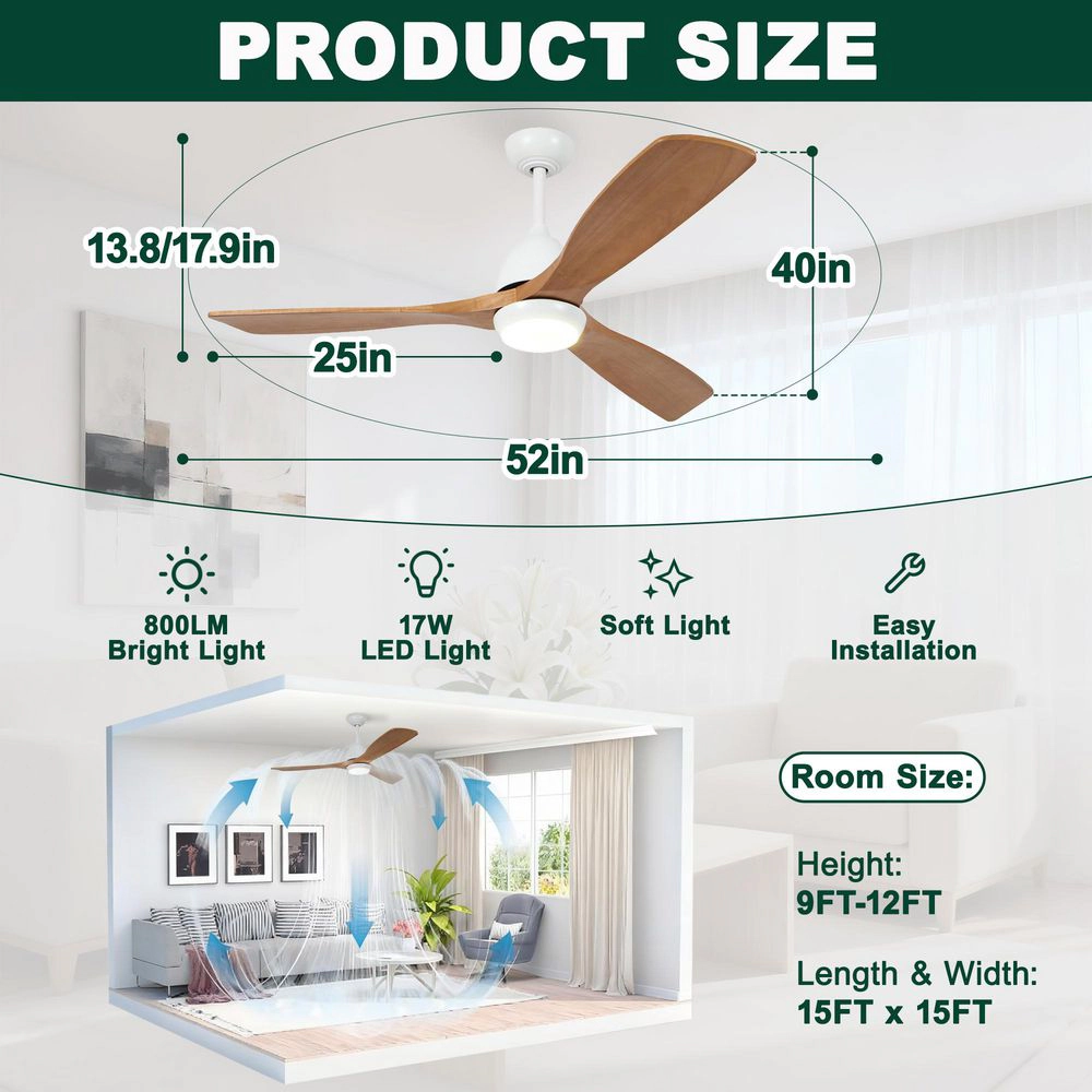 Flynama 52 in. Indoor White Downrod Mount Ceiling Fan with Light Remote Control, 3 Blade Ceiling Fans 6 Speed Levels
