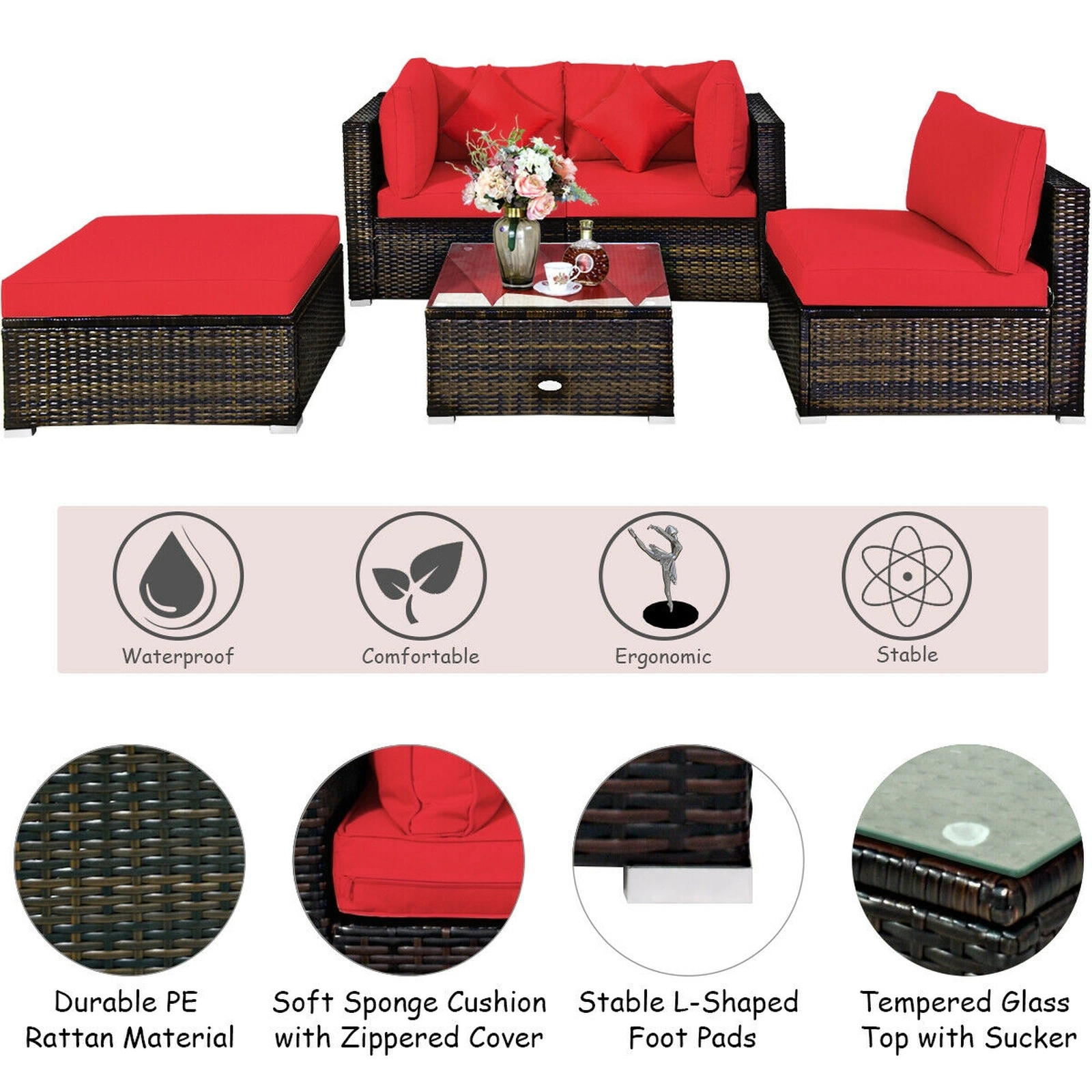 SUGIFT 5-Piece Red Rattan Patio Sectional Set with Corner Sofas, Armless Sofa, Ottoman and Coffee Table