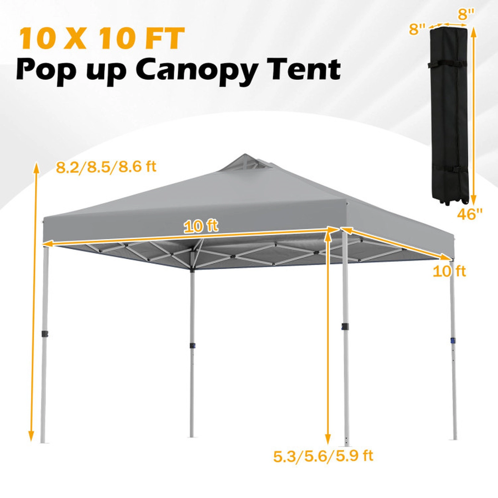 SUGIFT Gray Commercial Pop Up Canopy Tent with Roller Bag 4 Sandbags and 8 Ground Stakes 10-ft W 10-ft D 8.8-ft H