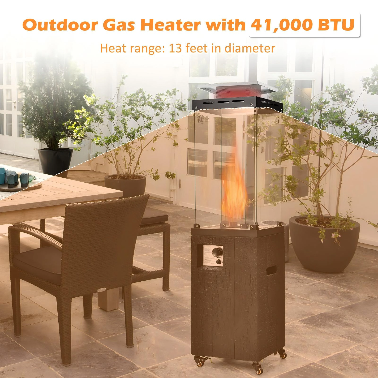 SUGIFT 41000-BTU Black 13-ft Coverage Propane Patio Heater with Tempered Glass Tube Metal Hood and Wheels