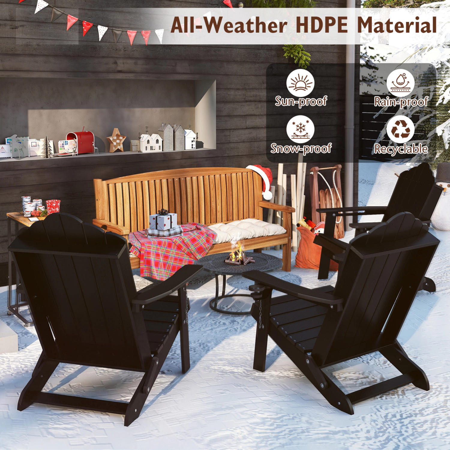 LJG Weather Resistant HDPE Folding Adirondack Chair with High Backrest for Backyard