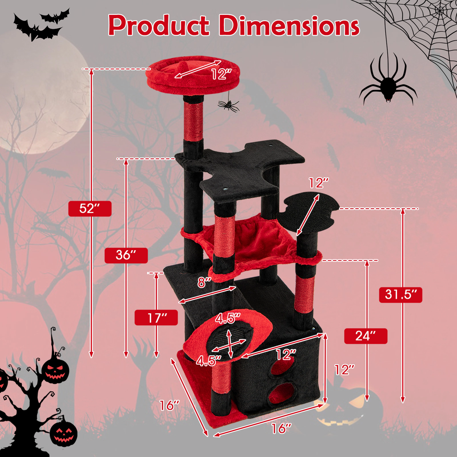 SUGIFT 52-in Gothic Cat Tree with Bat Platforms Devil Eye Scratching Board Sisal Posts and Hammock