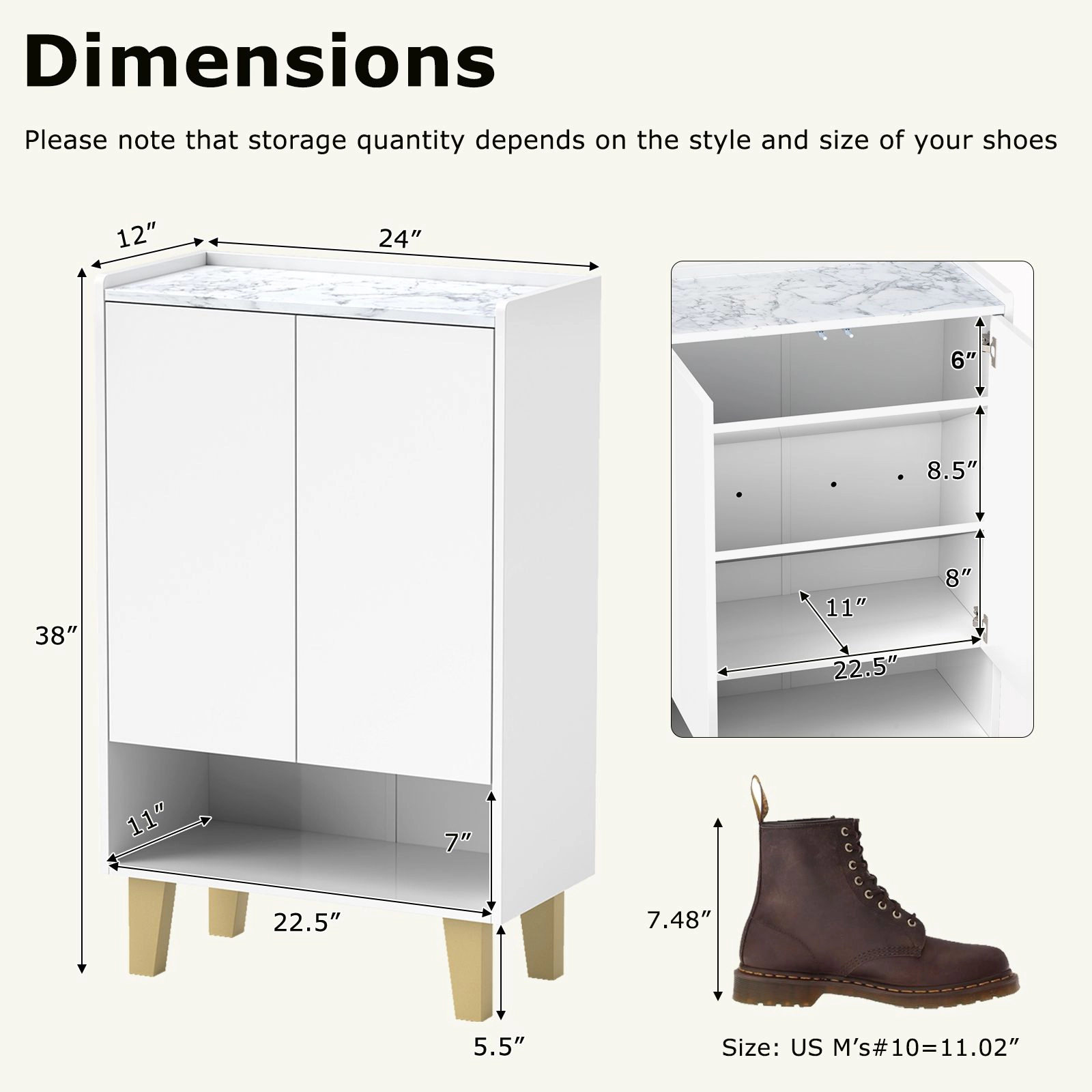 SlickBlue Modern Shoe Cabinet with Faux Marble Top and Tilting Shelves White