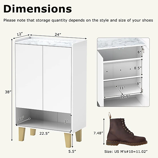 SlickBlue Modern Shoe Cabinet with Faux Marble Top and Tilting Shelves White