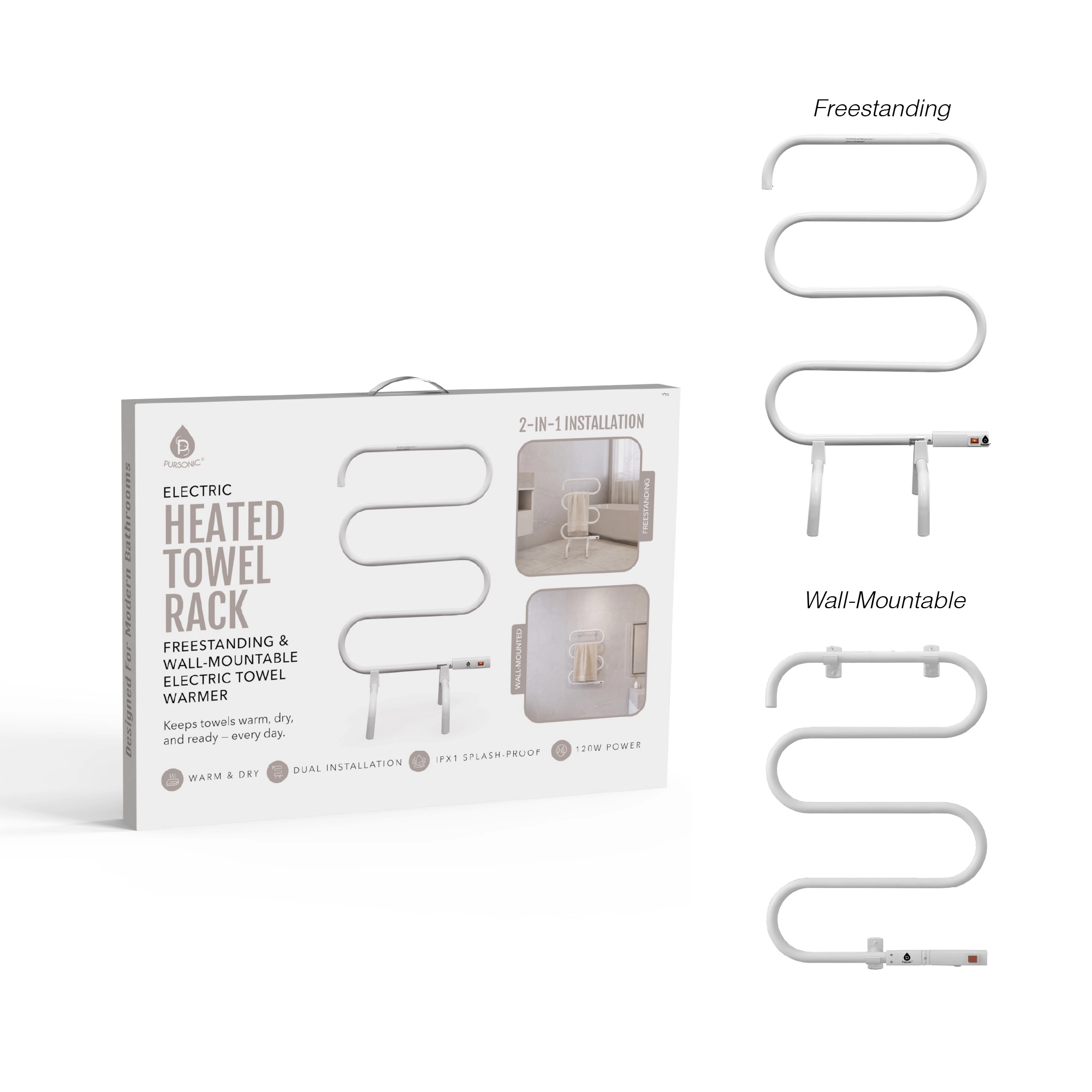 Pursonic Electric Heated Towel Warmer Rack – Wall-Mount or Freestanding