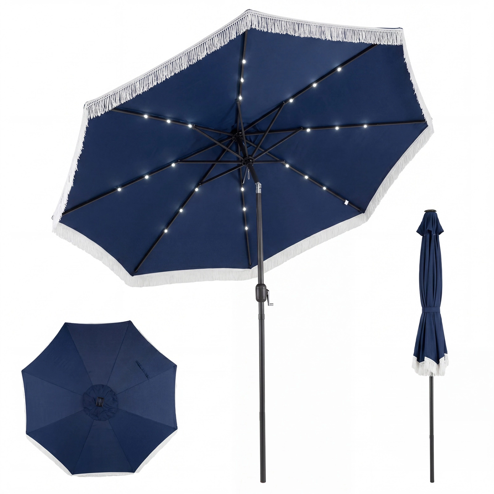 SUGIFT 10-ft Navy Blue Solar Patio Umbrella with 24 LED Lights Boho Tassel Fringe and Detachable Pole