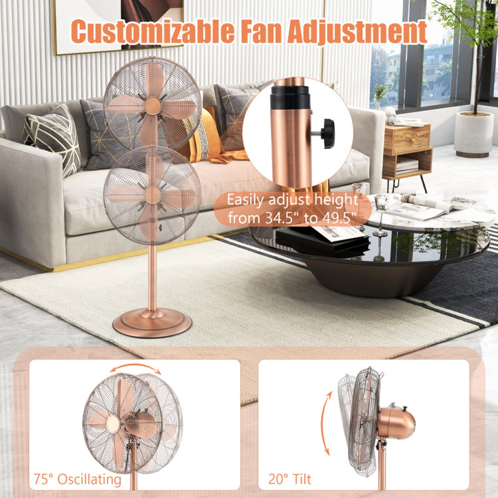 SUGIFT 16-in Copper Oscillating Pedestal Standing Fan with 3 Speeds 1400-CFM 17.5-in W 34.5-in to 49.5-in H