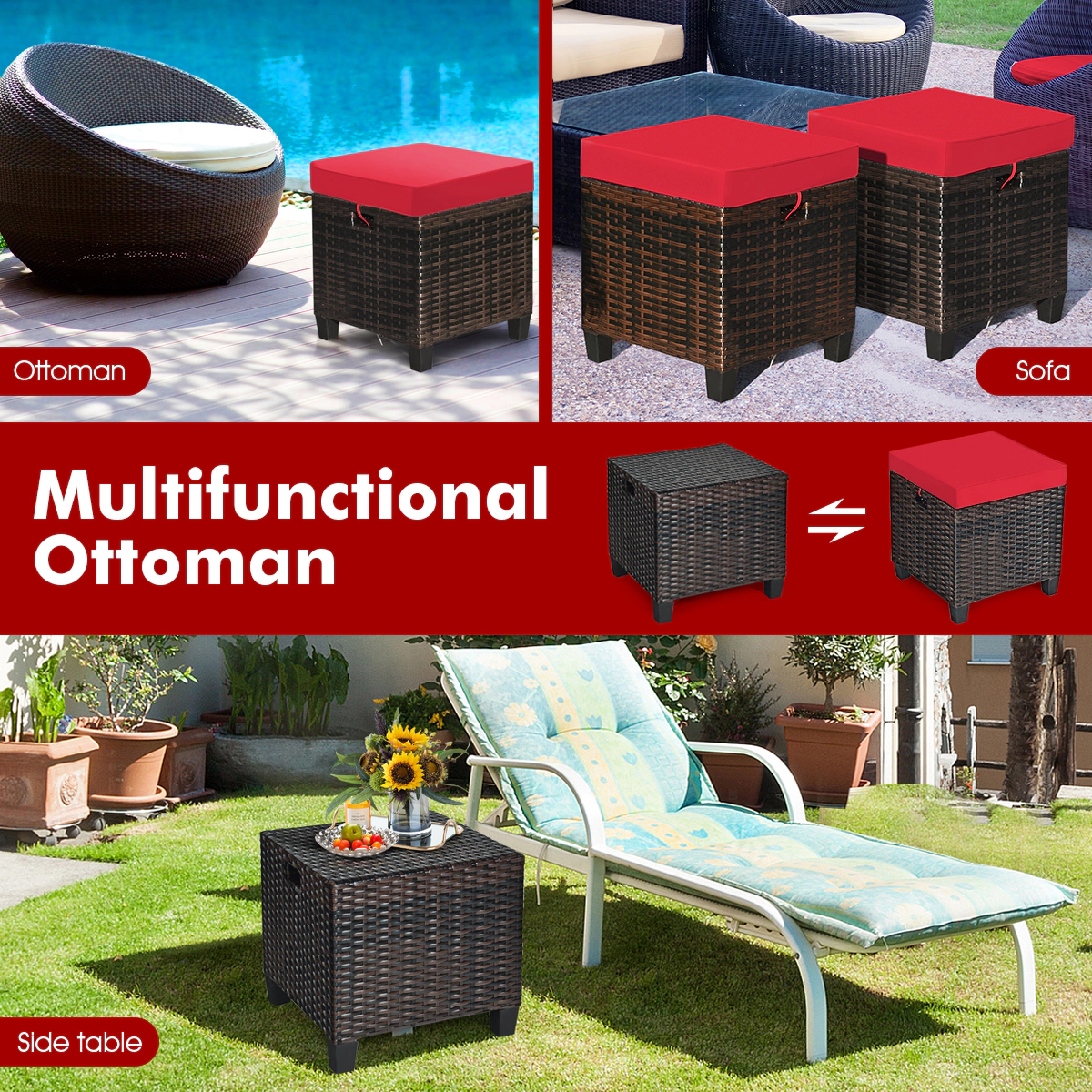 SUGIFT Set of 2 Hand Woven PE Rattan Zippered Cushions Cube Patio Ottomans 16-in x 16-in x 18-in 375-lb Capacity Red