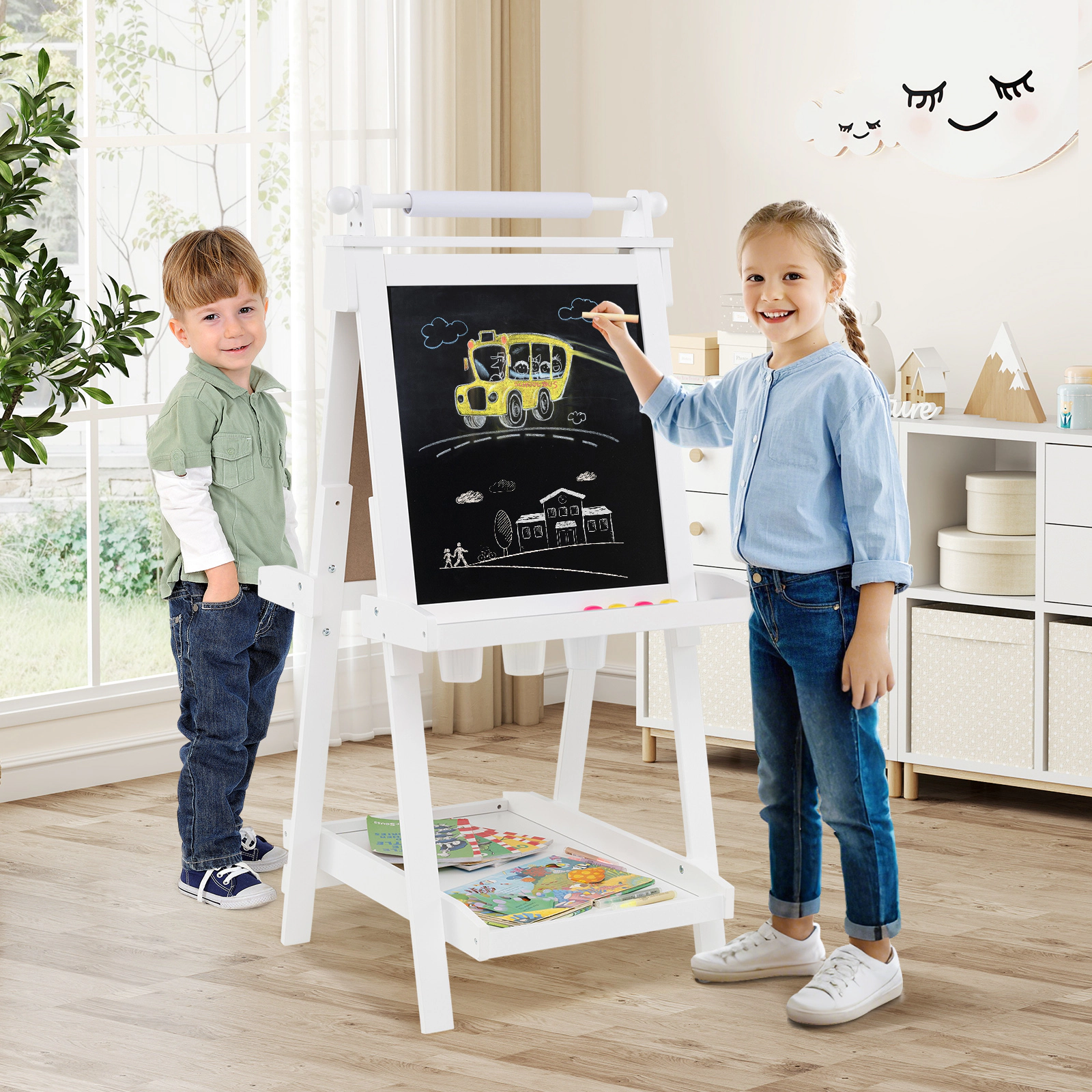 SUGIFT White Chalkboard Magnetic Whiteboard and Storage Trays 3-in-1 Kids Folding Art Easel