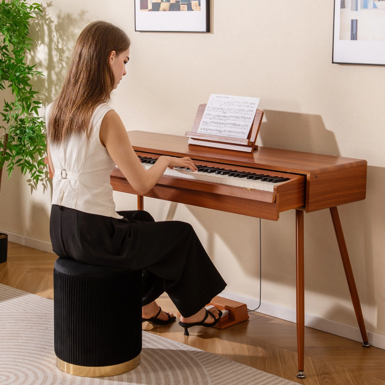 SUGIFT Brown 88-Key Graded Hammer Action Weighted Digital Piano with Push-Pull Drawer 56-in W 20-in D 32-in H