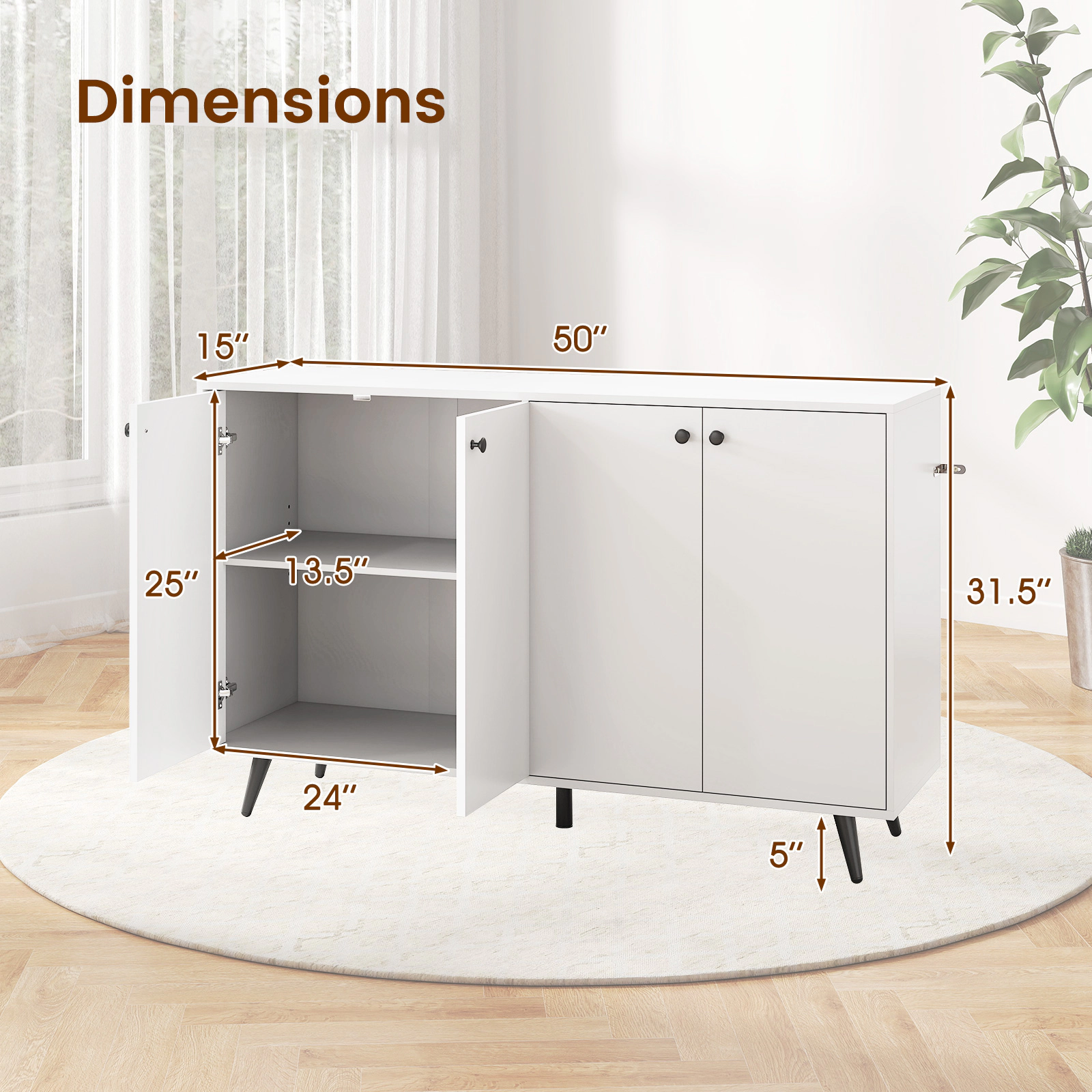 SUGIFT 50-in 90-lb Tabletop White Mid-Century Modern Buffet Sideboard with 4 Doors and 5-Position Shelves
