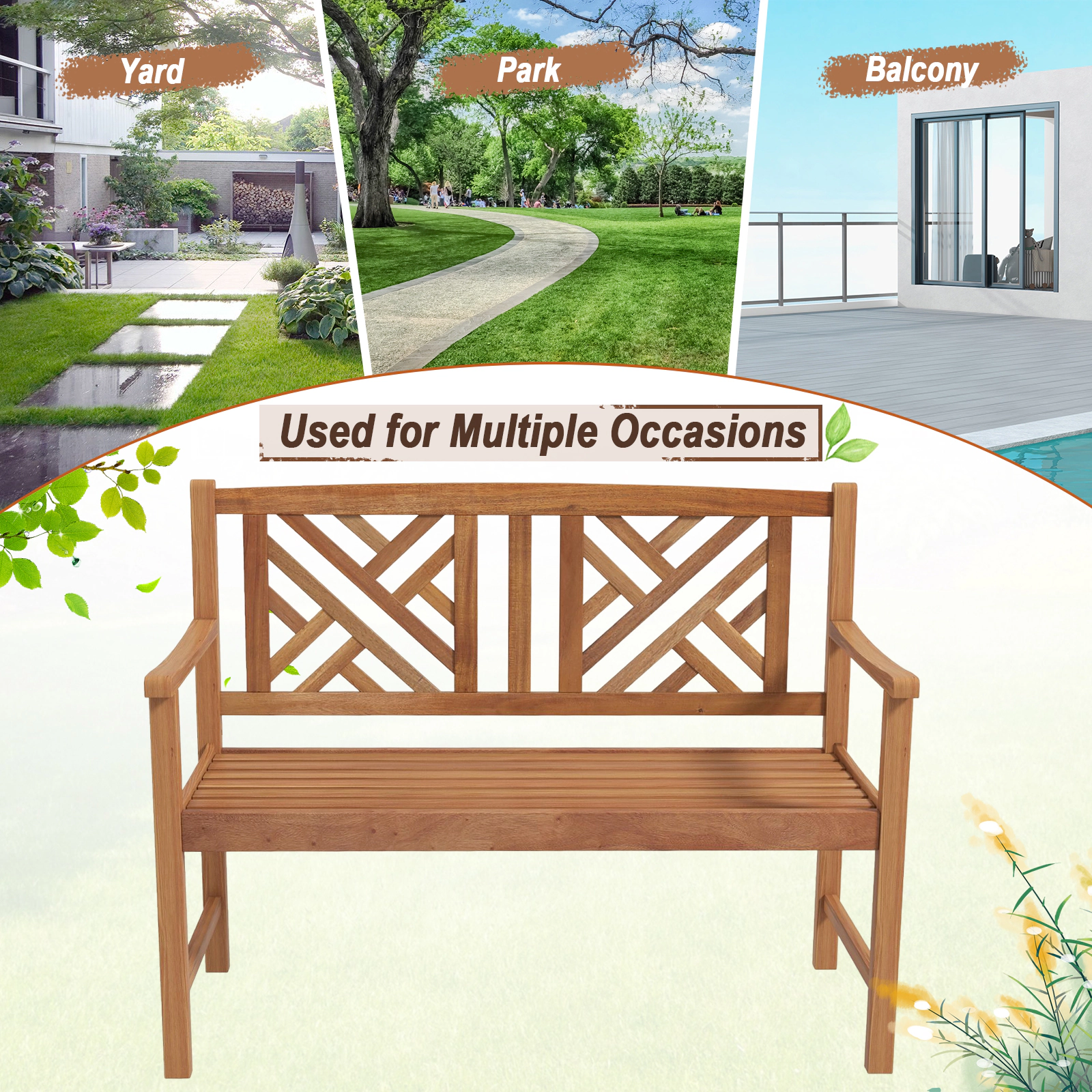 SUGIFT Lattice Backrest and Curved Armrests 2-Person 47.5 Inch Outdoor Acacia Wood Bench