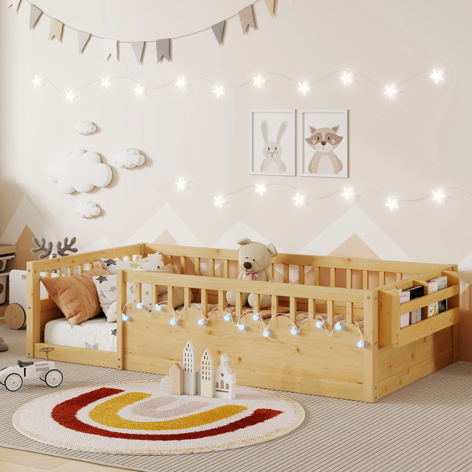Flynama Twin Montessori Floor Bed with High Rails, Light & Storage Shelf, Natural