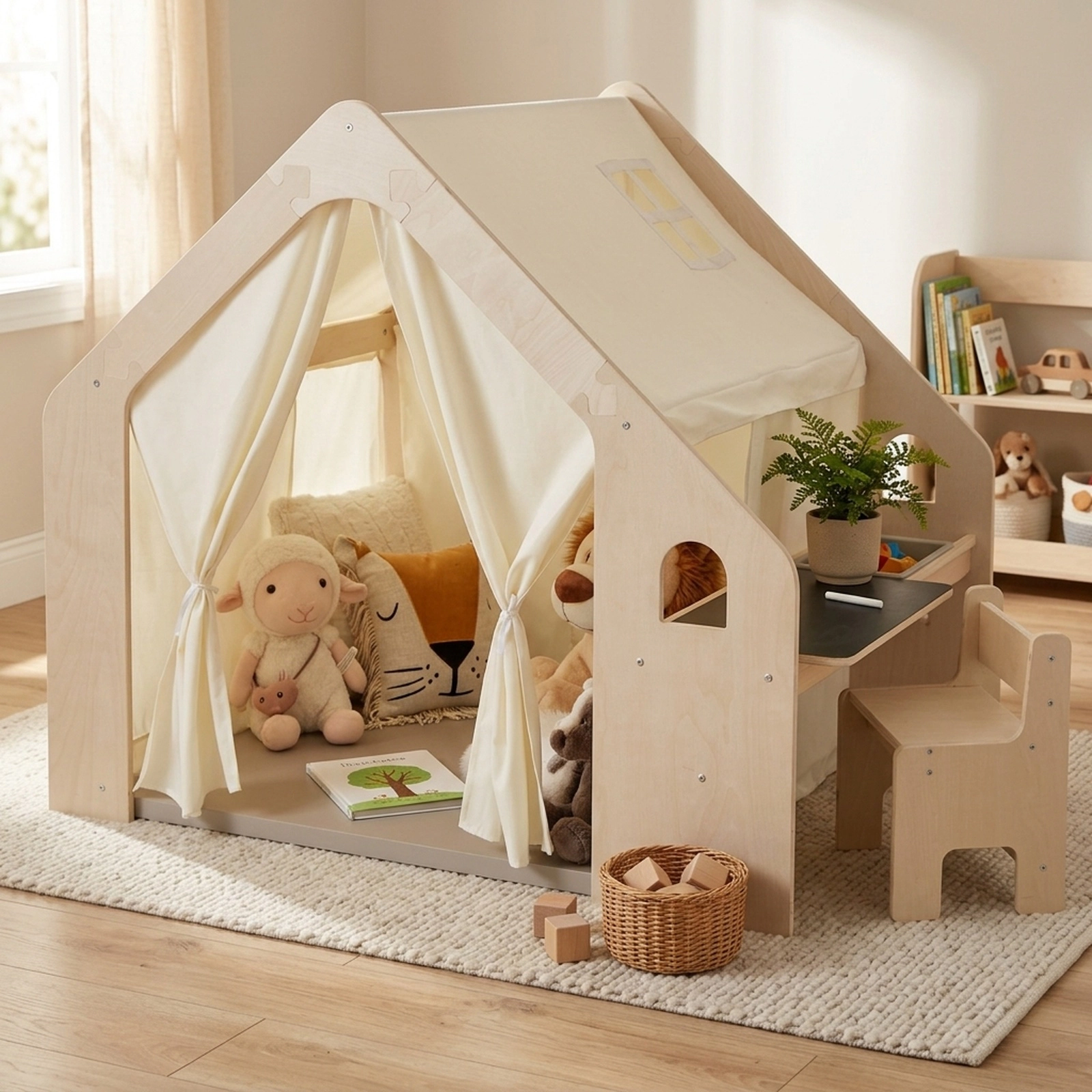 Toddler Play Tent Indoor Playhouse with Table Chair Chalkboard and Storage Bin 52-in x 38-in x 45-in Beige