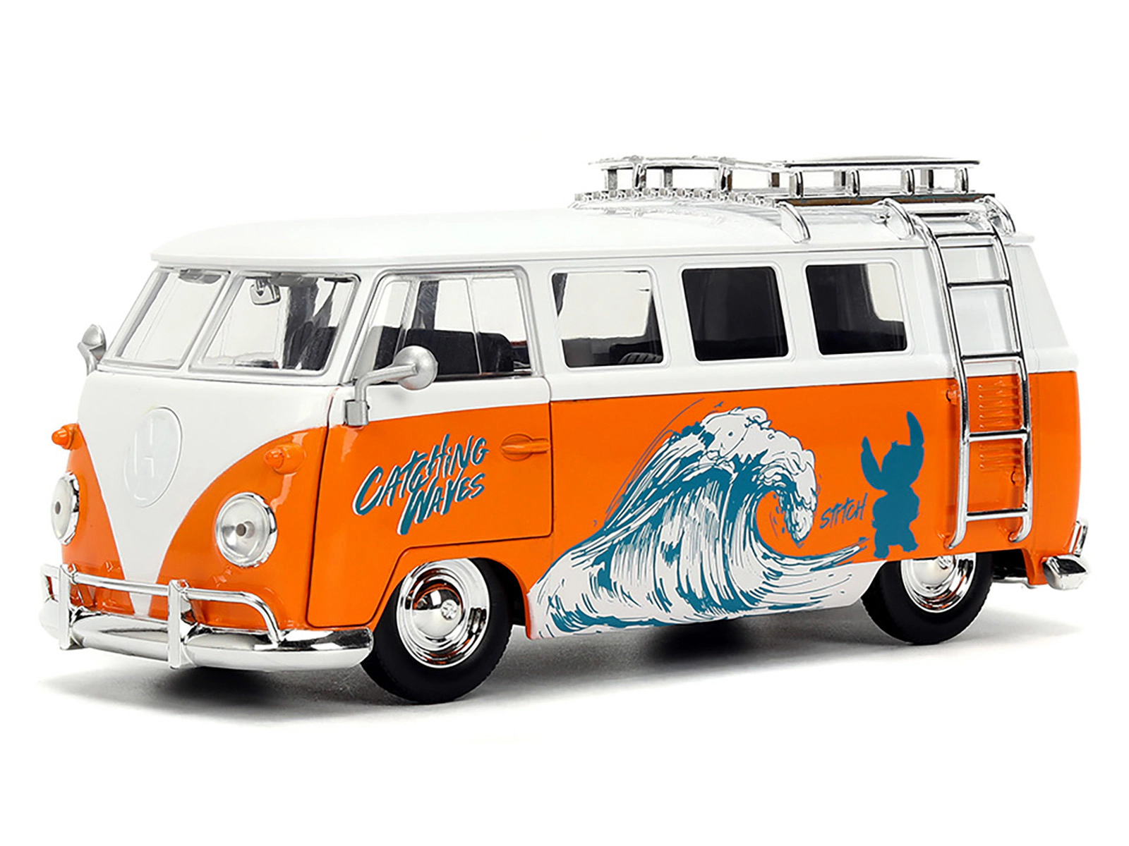 Jada 1961 Volkswagen Bus "Catching Waves" White and Orange with Stich Diecast Figure "Disney's Stitch"