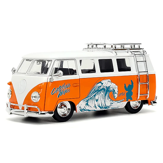 Jada Collectible 1961 Volkswagen Bus "Catching Waves" White And Orange With Stich Diecast Figure "Disney'S Stitch"