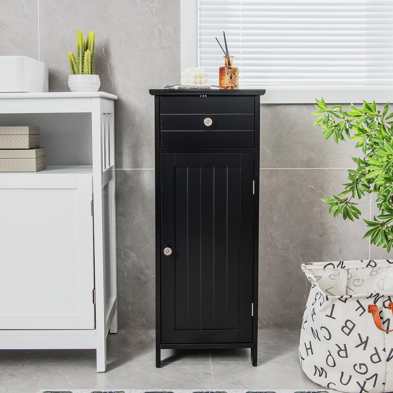 Glintex Wooden Bathroom Cabinet with Drawer 2 Shelves and Anti-Slip Foot Pads