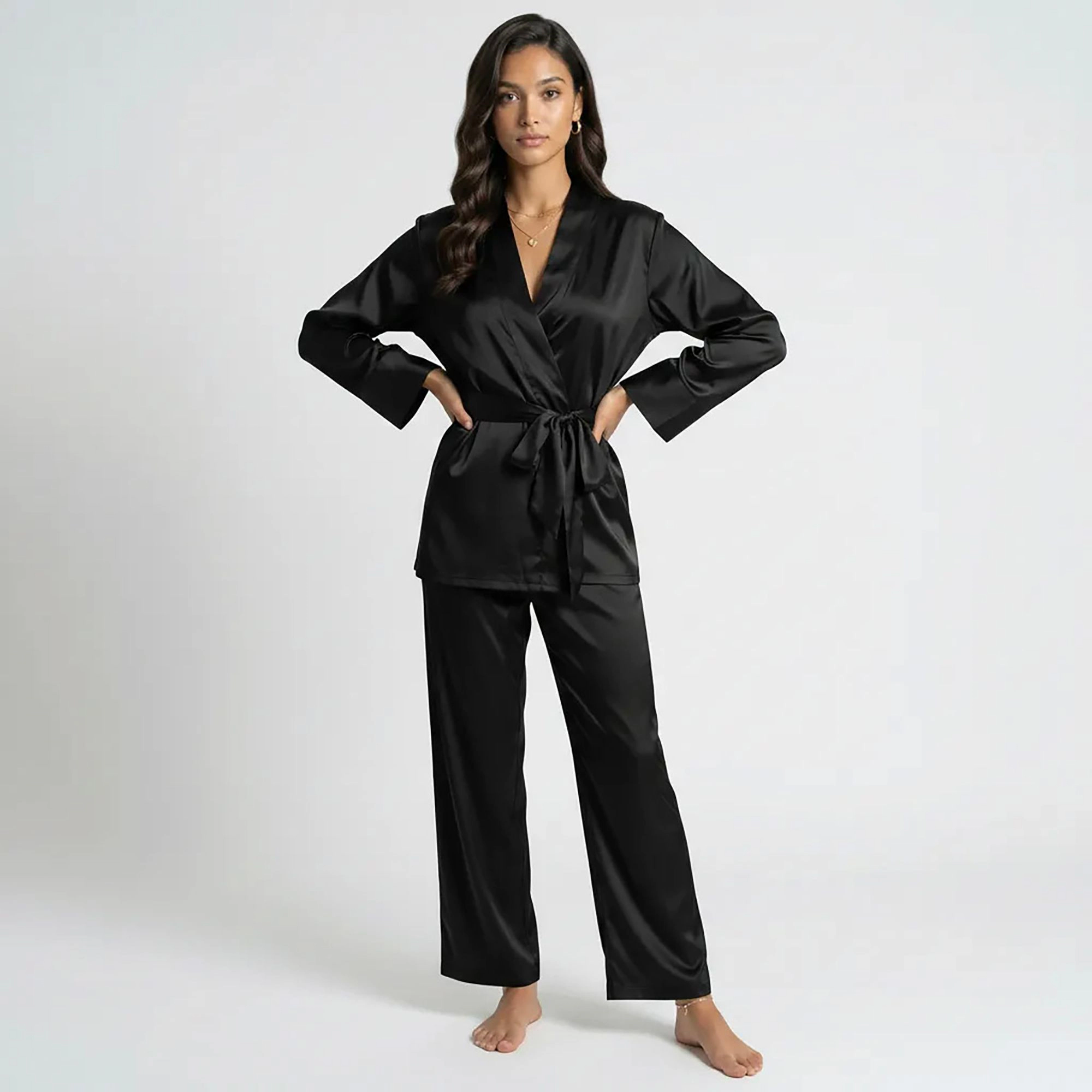 Anna-Kaci Women's 2-Piece Satin Wrap Long Sleeve Belted Top and Wide Leg Pants