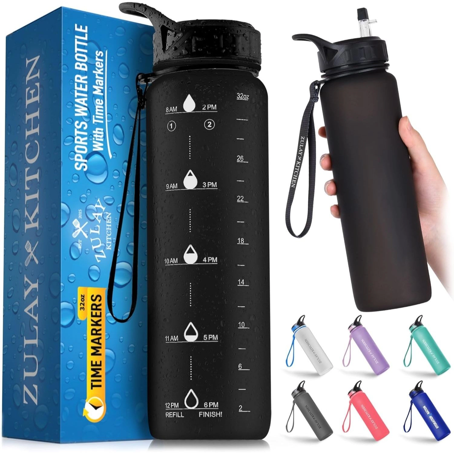 Zulay Kitchen 32oz Water Bottle With Time Marker - Leak Proof Bottles Times To Drink By Hydration Nation