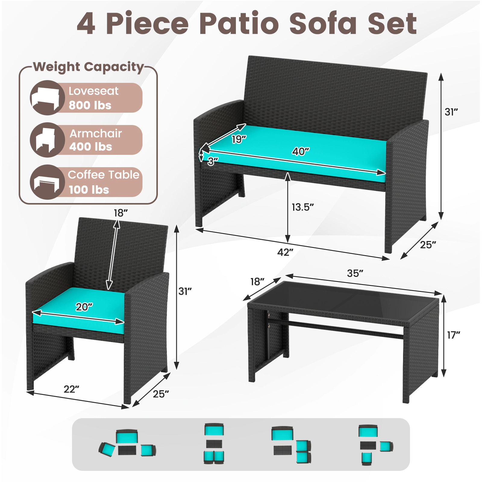 SUGIFT 4-Piece Rattan Patio Conversation Set Tempered Glass Tabletop 400/800-lb Capacity Turquoise Cushions White/Black