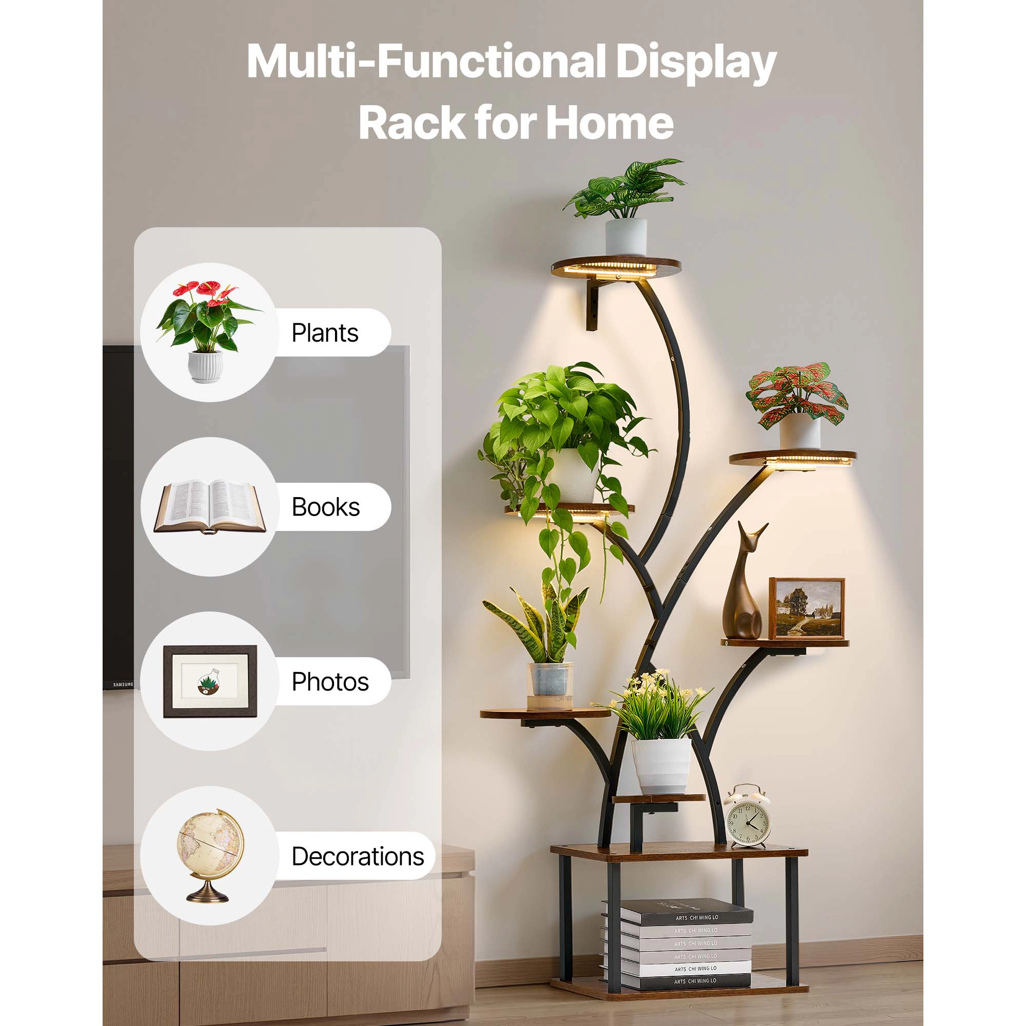 HONGGE Plant Stand Indoor with Grow Lights, Tall Lighted Plant Shelf, Metal Corner Plants Holder
