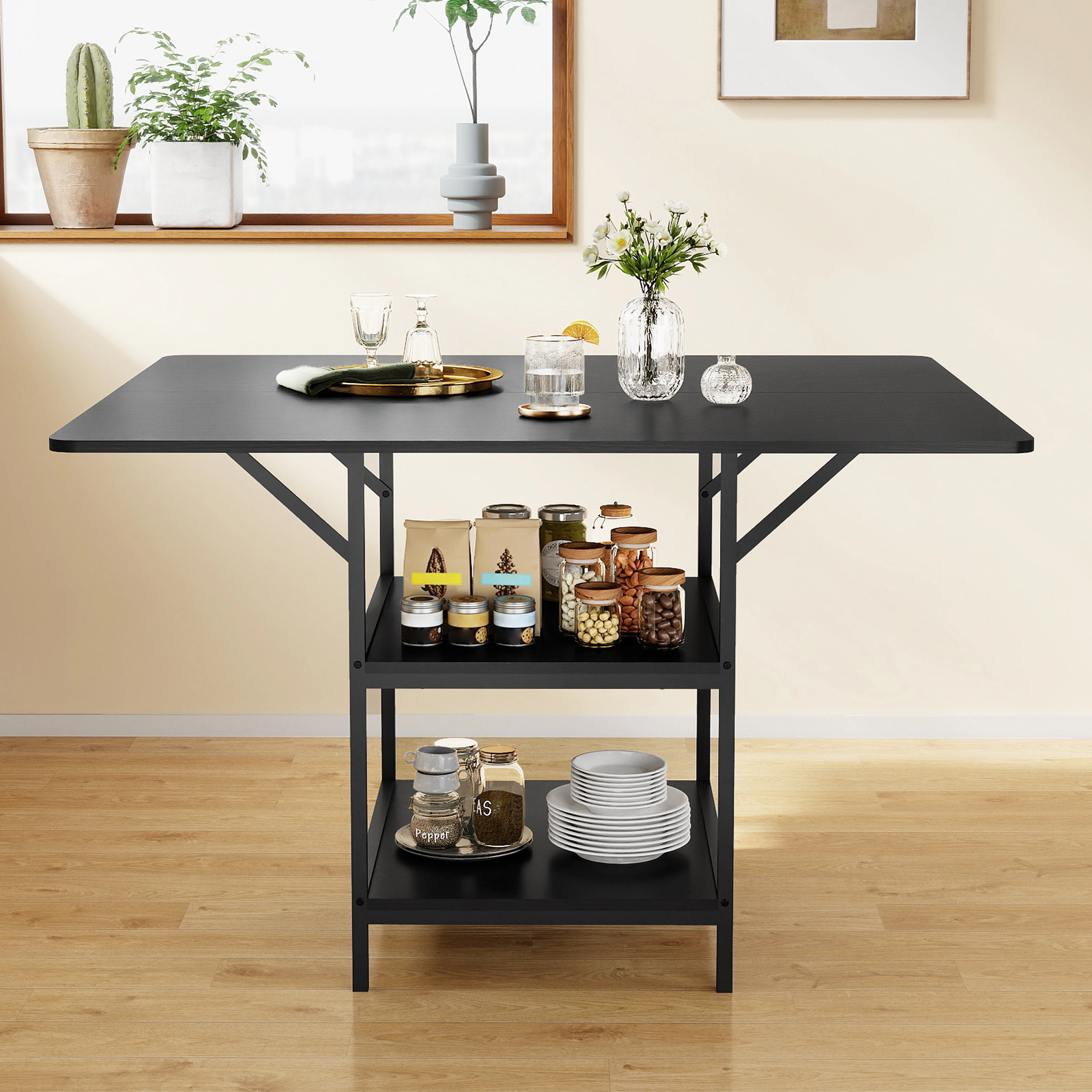 LJG 47 Inch Rectangular Dining Table with 2 Open Storage Shelves and Sturdy Metal Legs for 4-6-Black Costway3