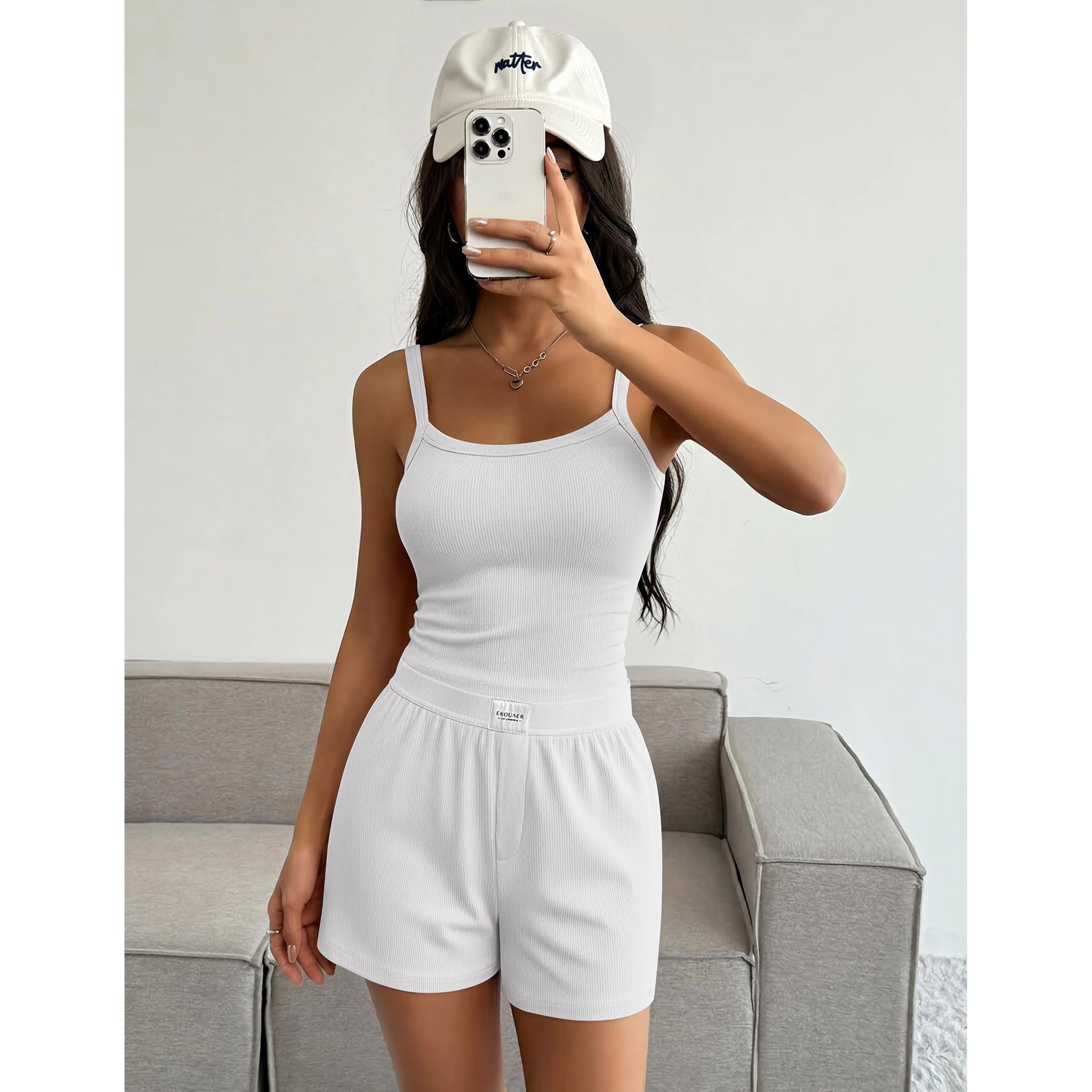 Ekouaer Women's Square Neck Ribbed Knit Camisole Top and Shorts Set
