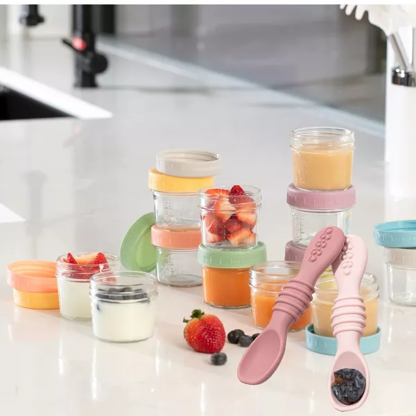 Sperric 12-Pack Glass Baby Food Storage Jars w/ Lids, 6-Pack Silicone Self-Feeding Spoons – BPA-Free Leakproof