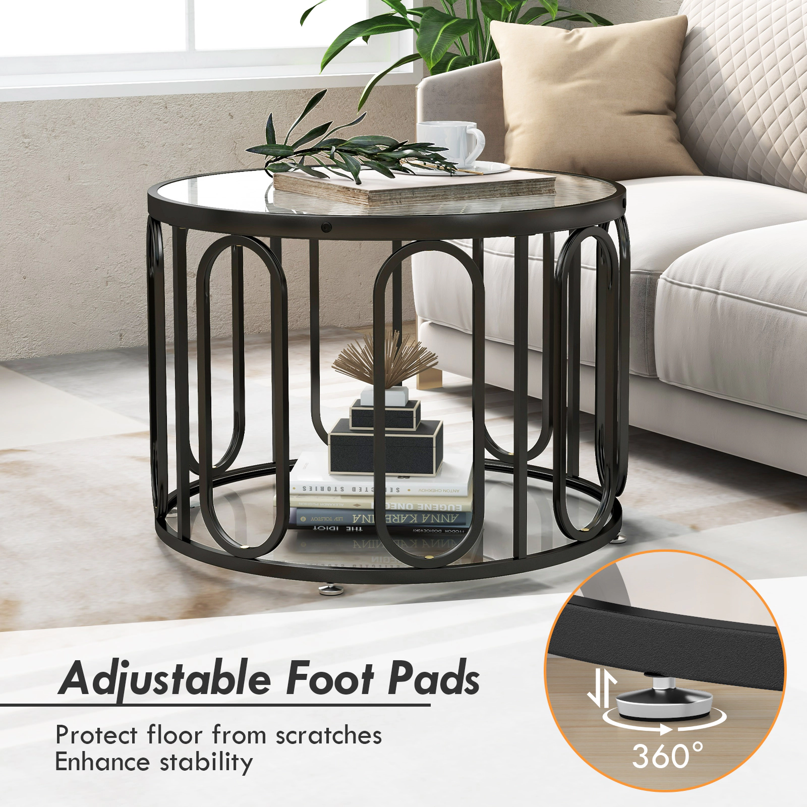 SUGIFT 24-in Round 100-lb Capacity Black Coffee Table with Reeded Tempered Glass Top and Swivel Brackets