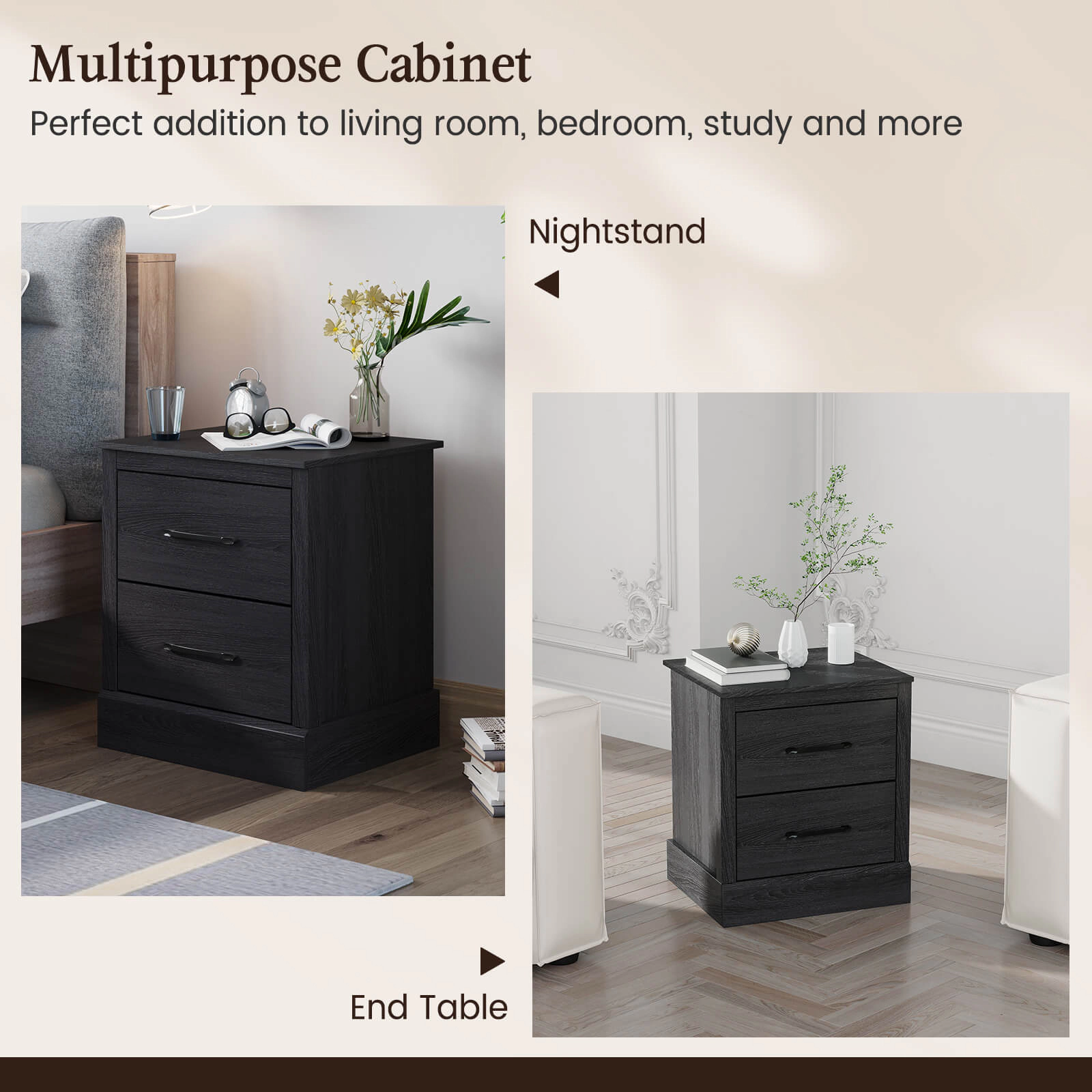 Glintex Farmhouse Nightstand with 2 Drawers Zinc Alloy Handles and Wide Base