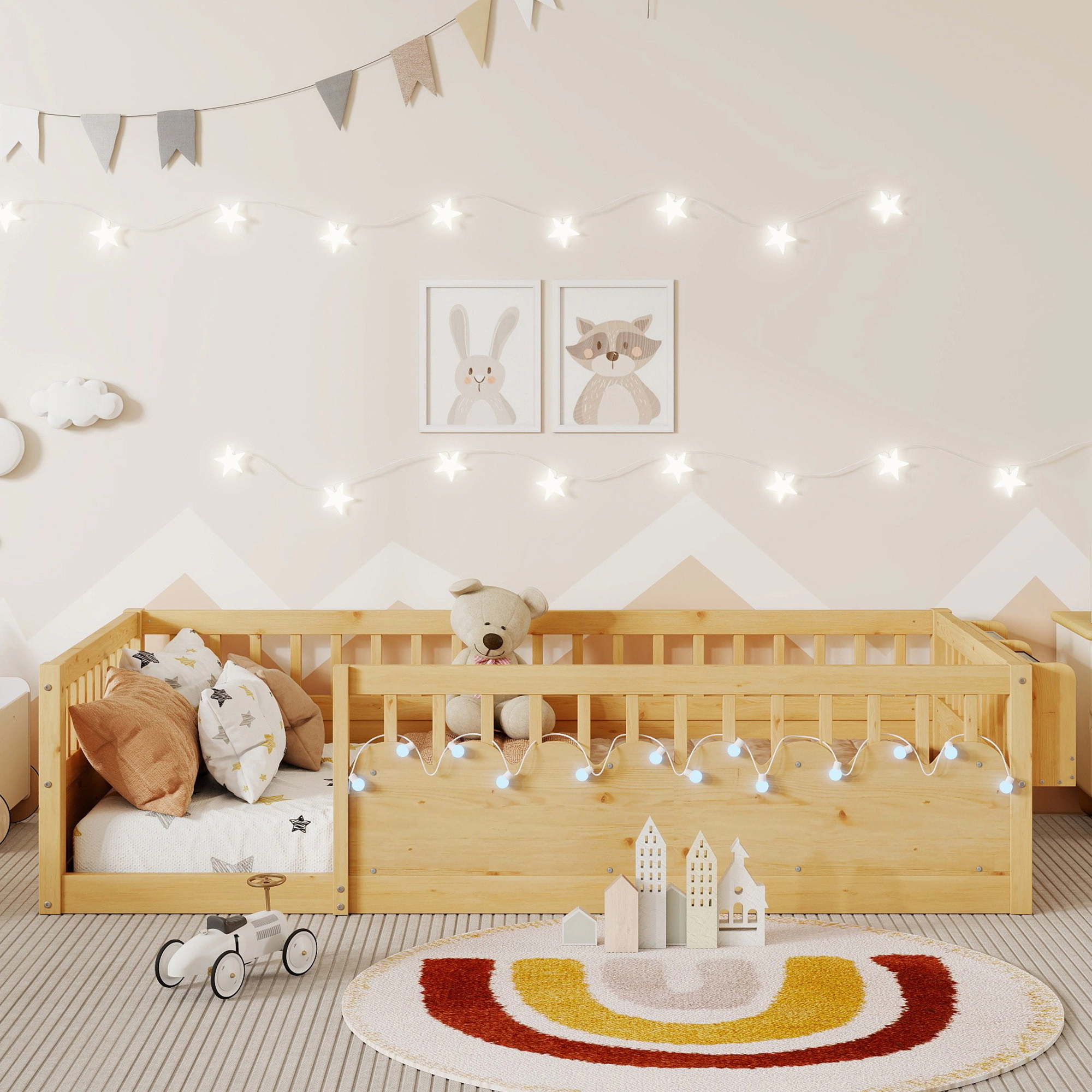Flynama Twin Montessori Floor Bed with High Rails, Light & Storage Shelf, Natural