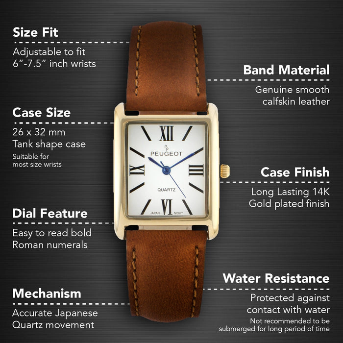 Peugeot Women's Tank Watch Roman Dial Brown Smooth Leather Strap