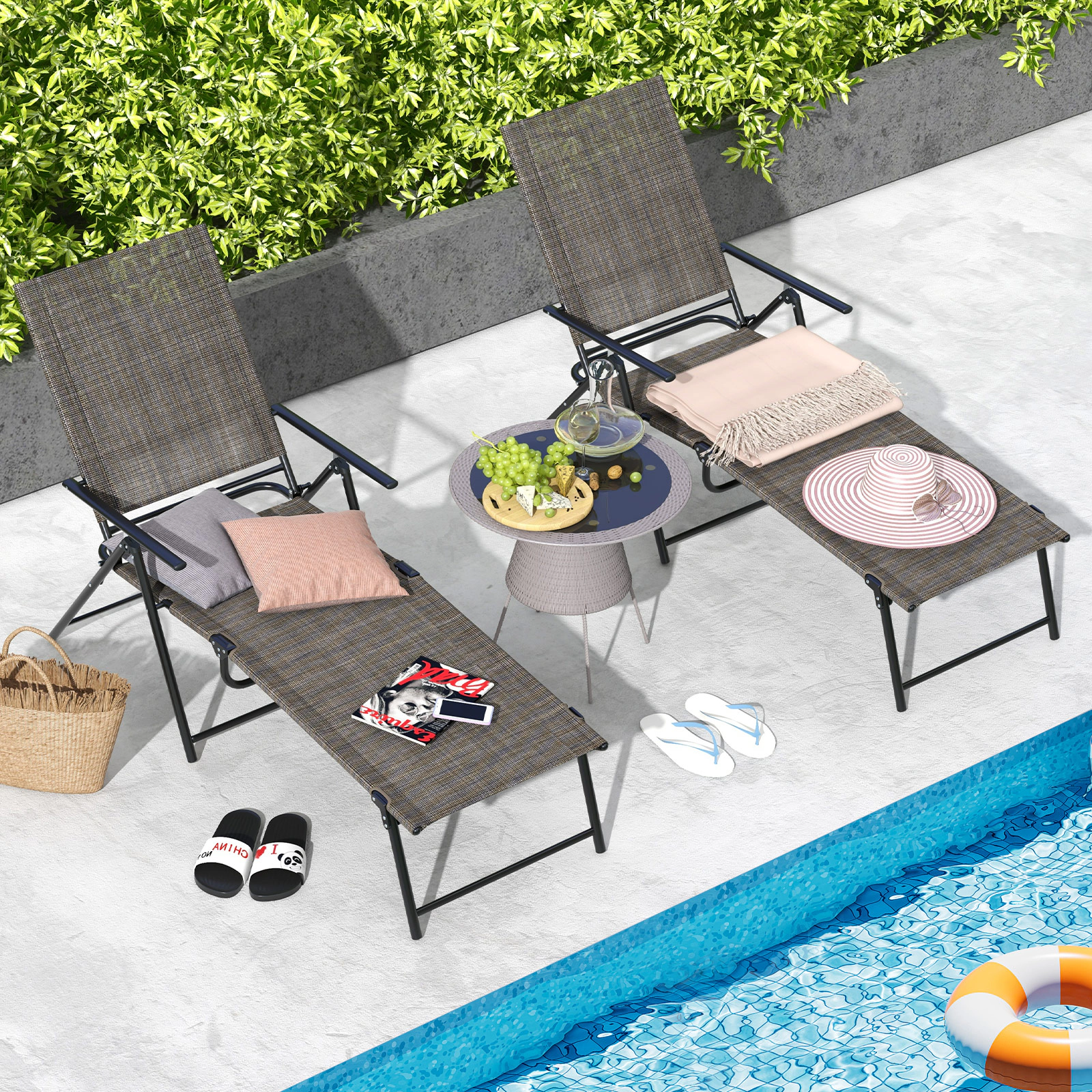 SUGIFT 2-Piece Patio Folding Chaise Lounge Recliners with 6-Level Adjustable Backrest 330-Lb Capacity Coffee
