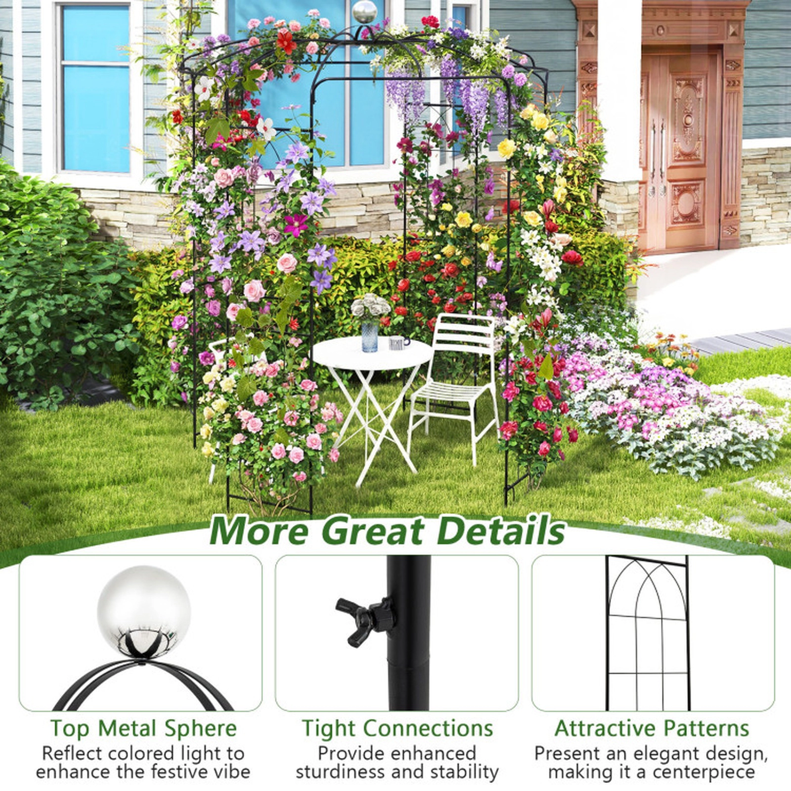 SUGIFT Birdcage Shape Galvanized Metal Garden Gazebo Trellis with 7-lb Hook Capacity Black