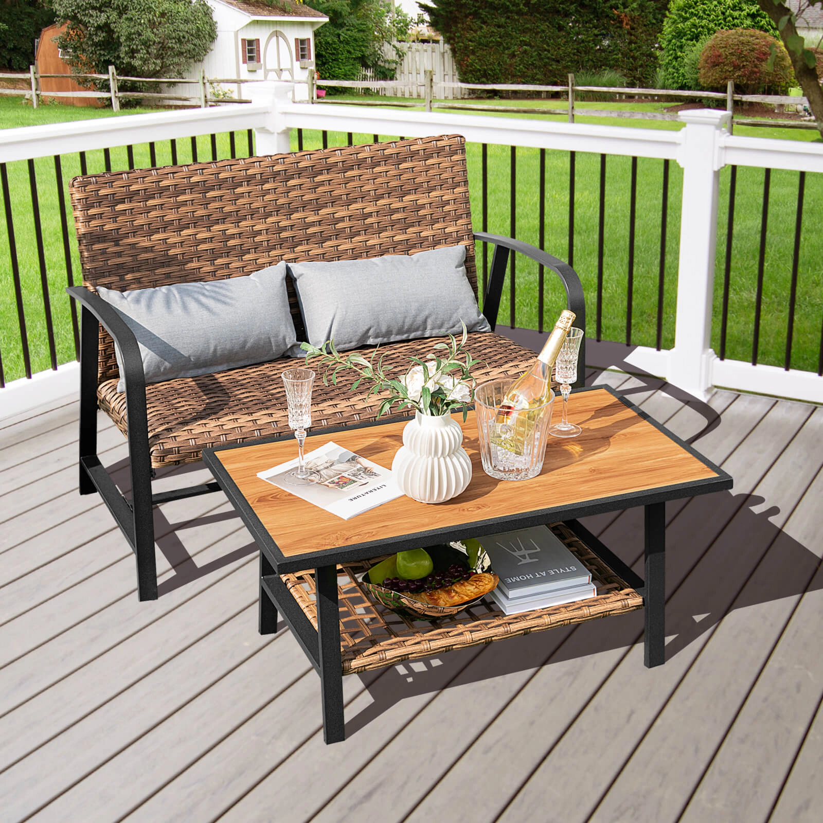 SUGIFT Brown Quick Dry Cushion 2-Piece Patio Rattan Loveseat and Coffee Table Set