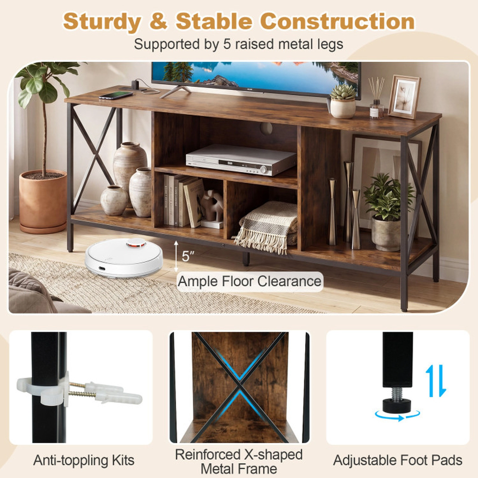 SUGIFT 59-In TV Stand for TVs Up to 65 Inches, LED Lights, Power Outlets, USB Charging, 5 Open Bays