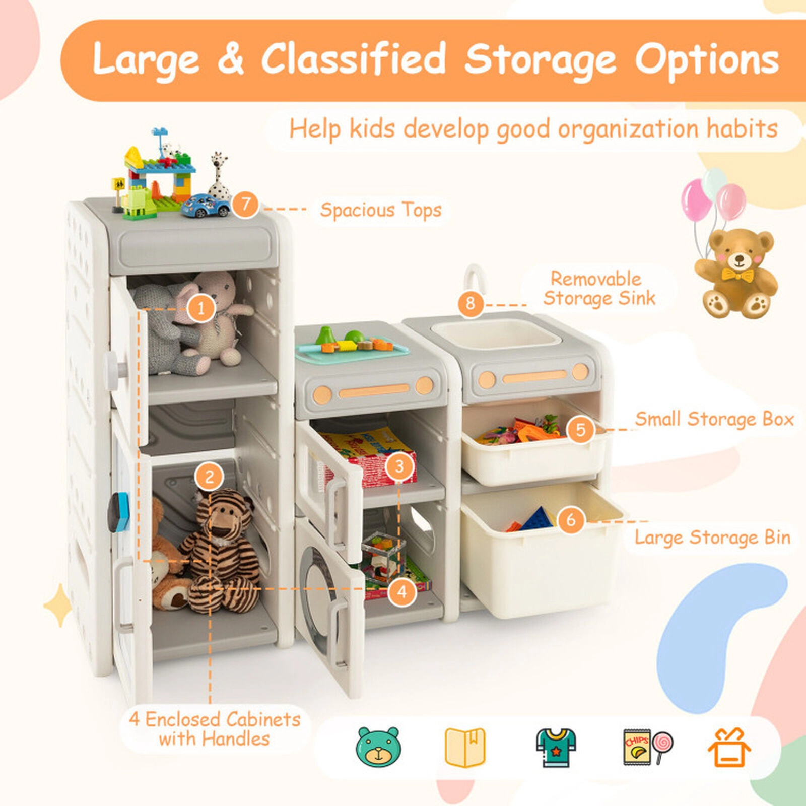 SUGIFT 110-lb Capacity 38.5-in Multipurpose Kids Toy Chest and Bookshelf with Magnetic Whiteboard and Sink