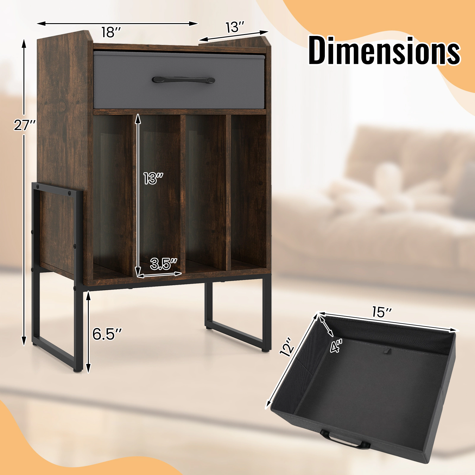 SUGIFT 27-Inch Rustic Brown Record Player Stand with Fabric Drawer and Vinyl Storage