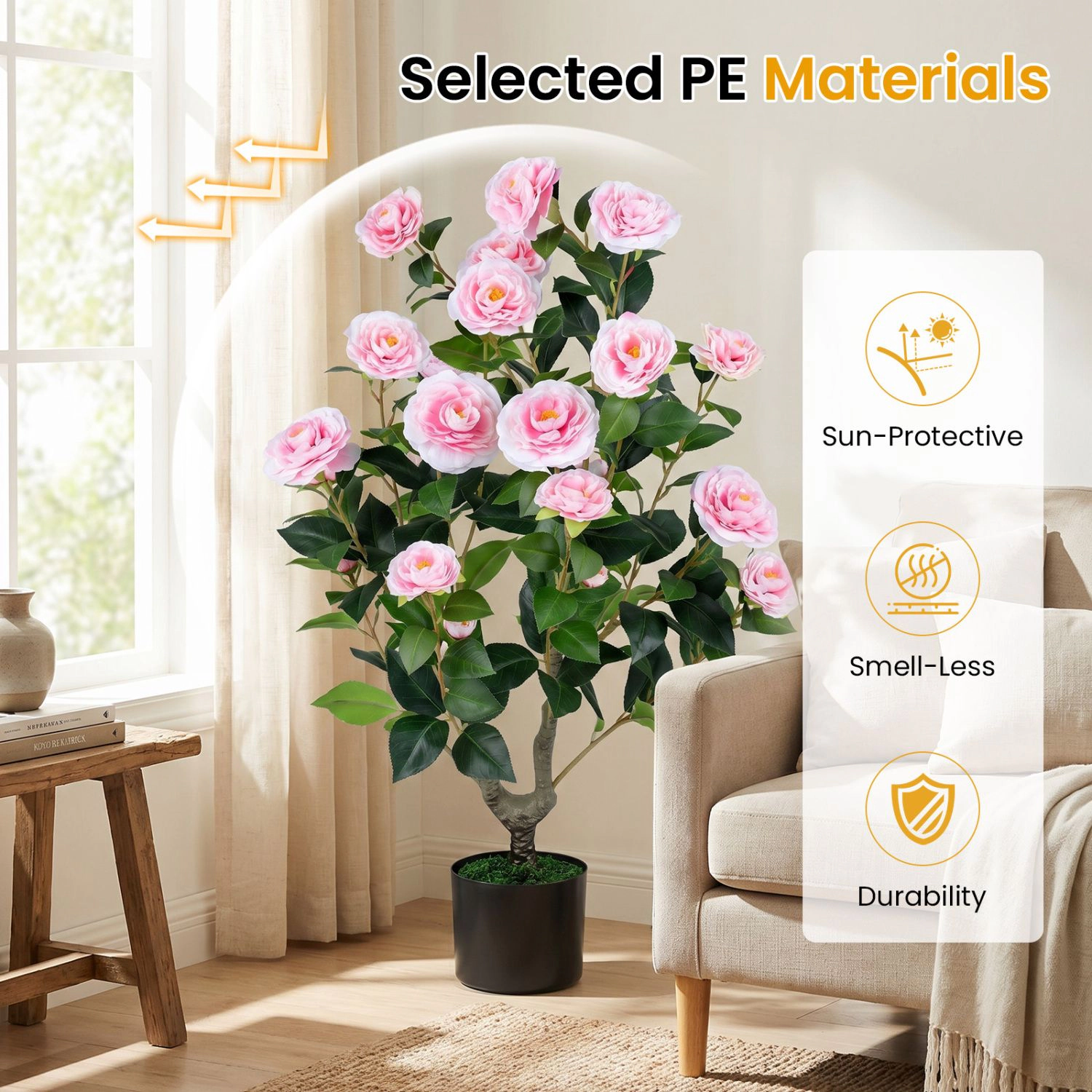 SlickBlue Artificial Camellia Tree with 24 Flowers and Decorative Pot