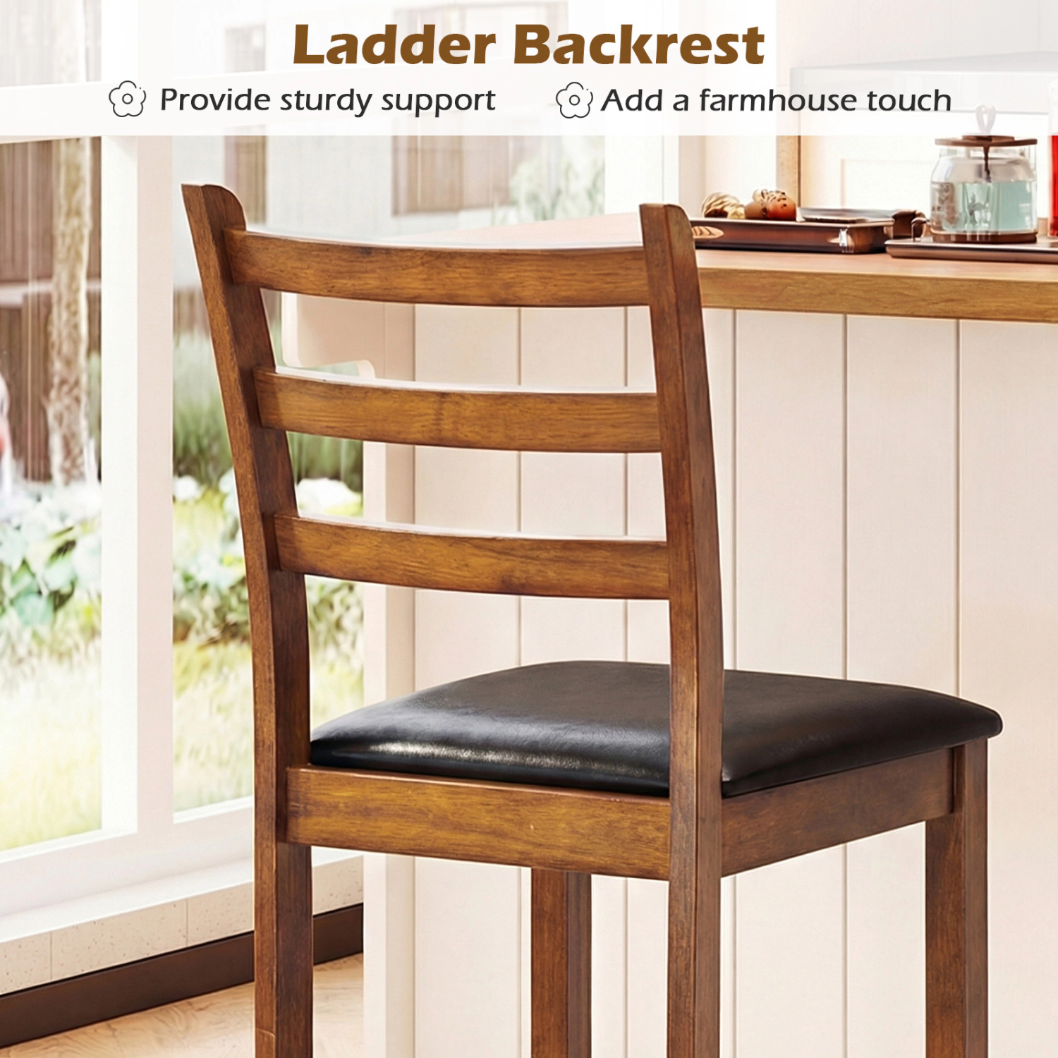LJG Rubber Wood Ladder Back Bar Stools Set of 2 24inch Counter Height Kitchen Island High Chairs