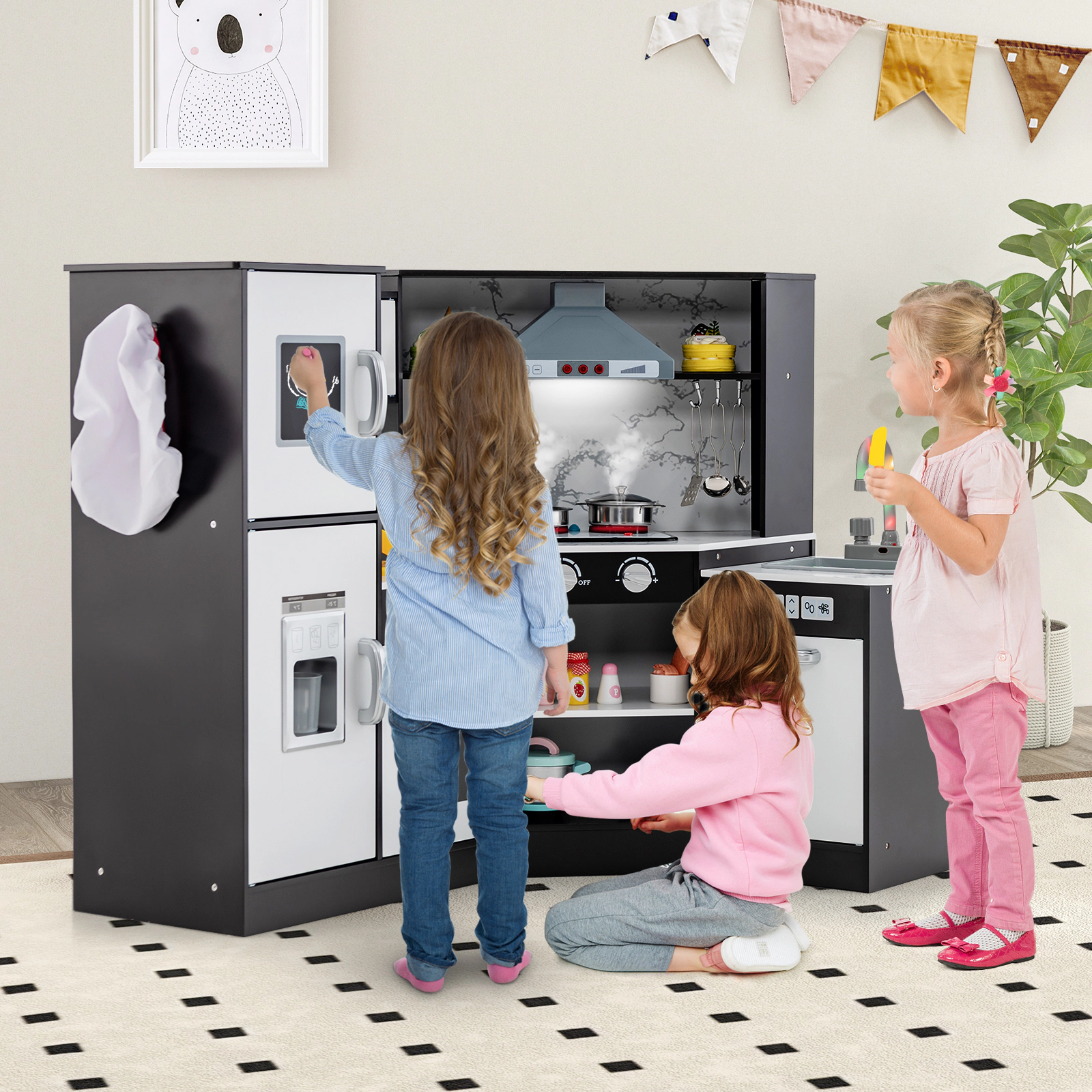Corner Kids Play Kitchen Separate Washing Basin Range Hood Microwave Chalkboard 39.5-in x 19.5-in x 32-in Coffee