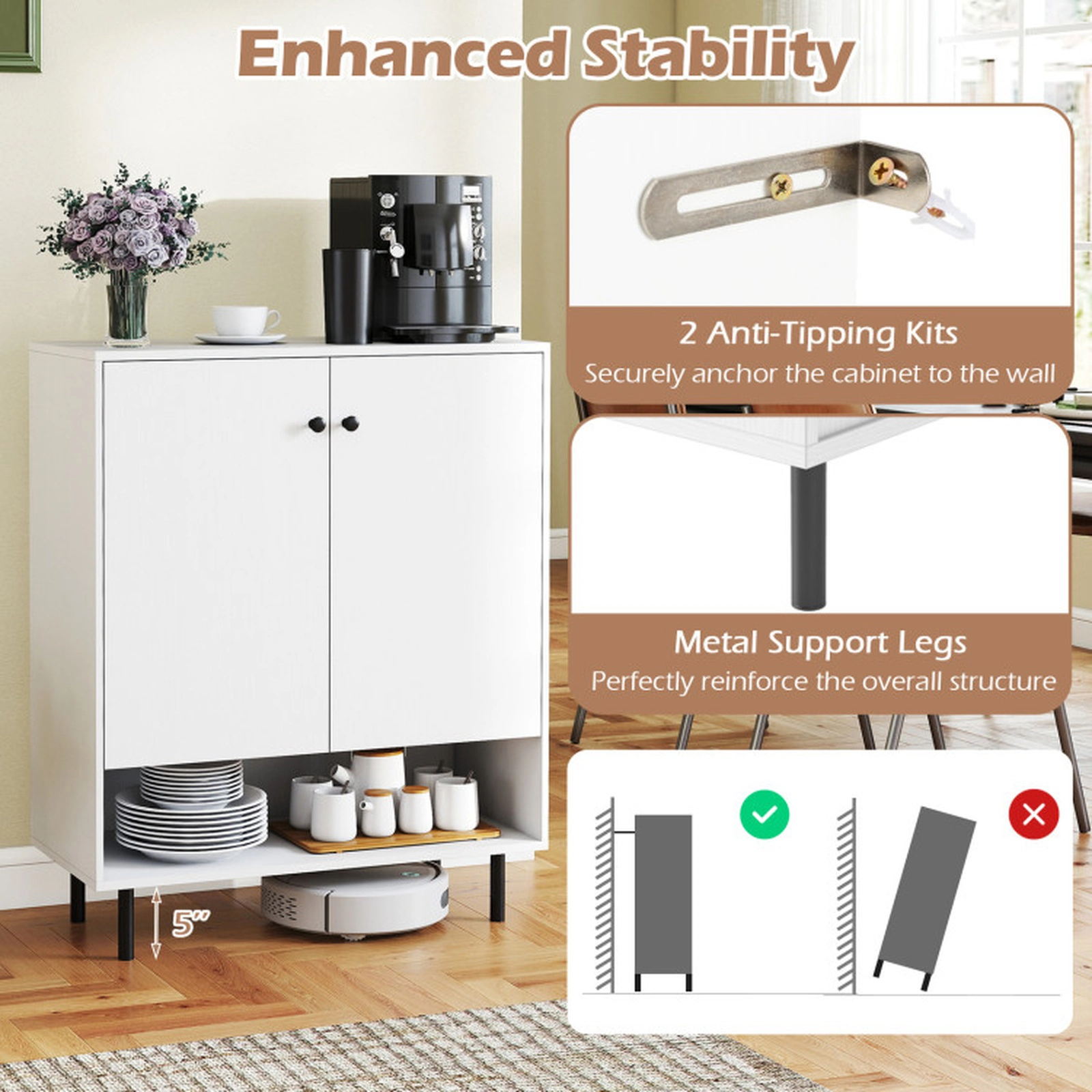 SUGIFT 2-Door Adjustable Shelf Metal Legs Sideboard Buffet Cabinet 29.5-in x 14-in x 37.5-in 242-lb Capacity White