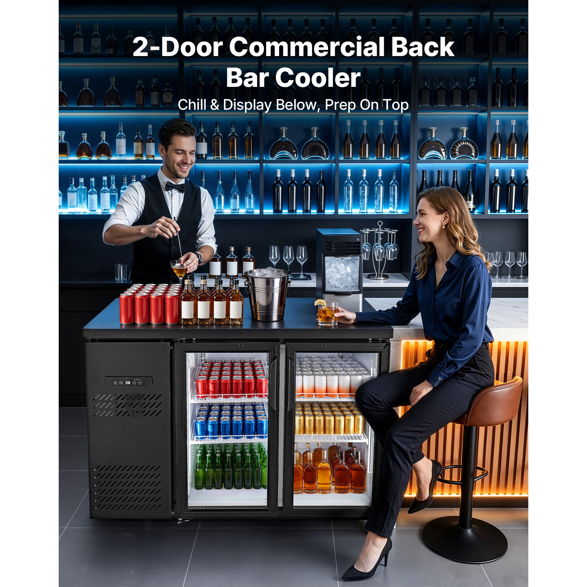 HONGGE 11.8 Cu. Ft Back Bar Beverage Cooler with 2 Glass Doors & LED Lighting for Bar, Restaurant, Cafe