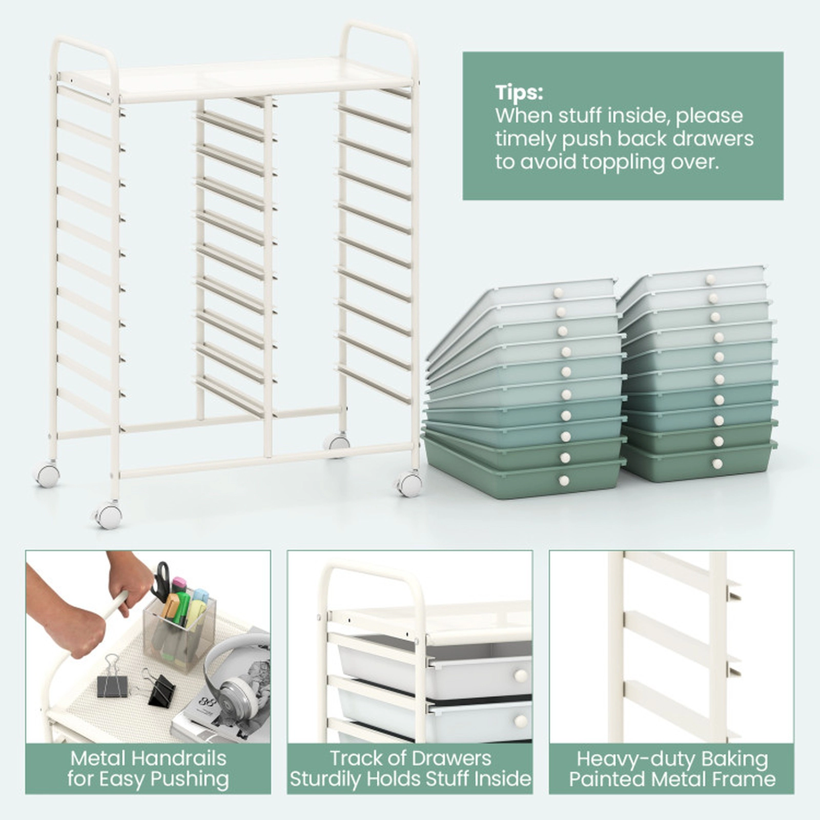 SUGIFT 20-Drawer 25 x 15 x 34-in White Frame Rolling Storage Cart Organizer with 4 Wheels and 2 Handles