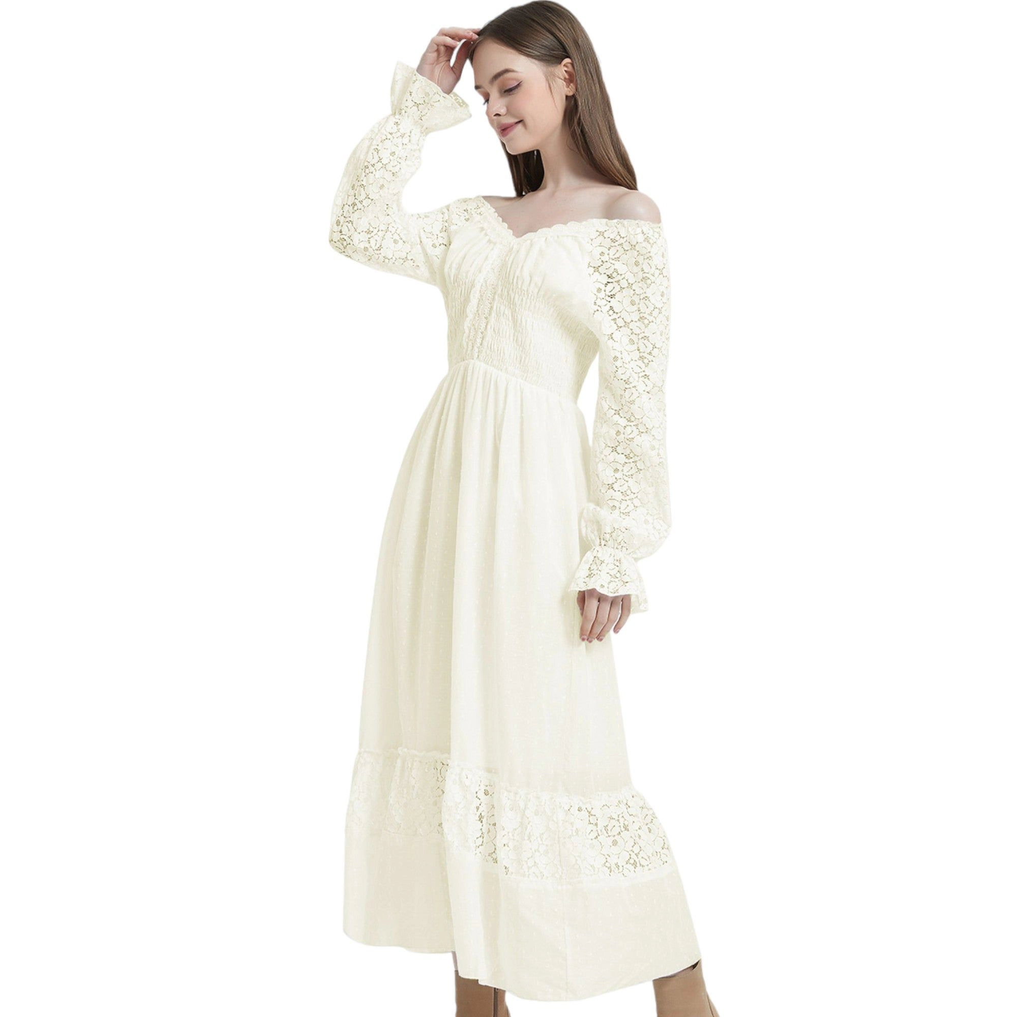 Anna-Kaci Women's Fall Lace V Neck Long Sleeve Maxi Dress