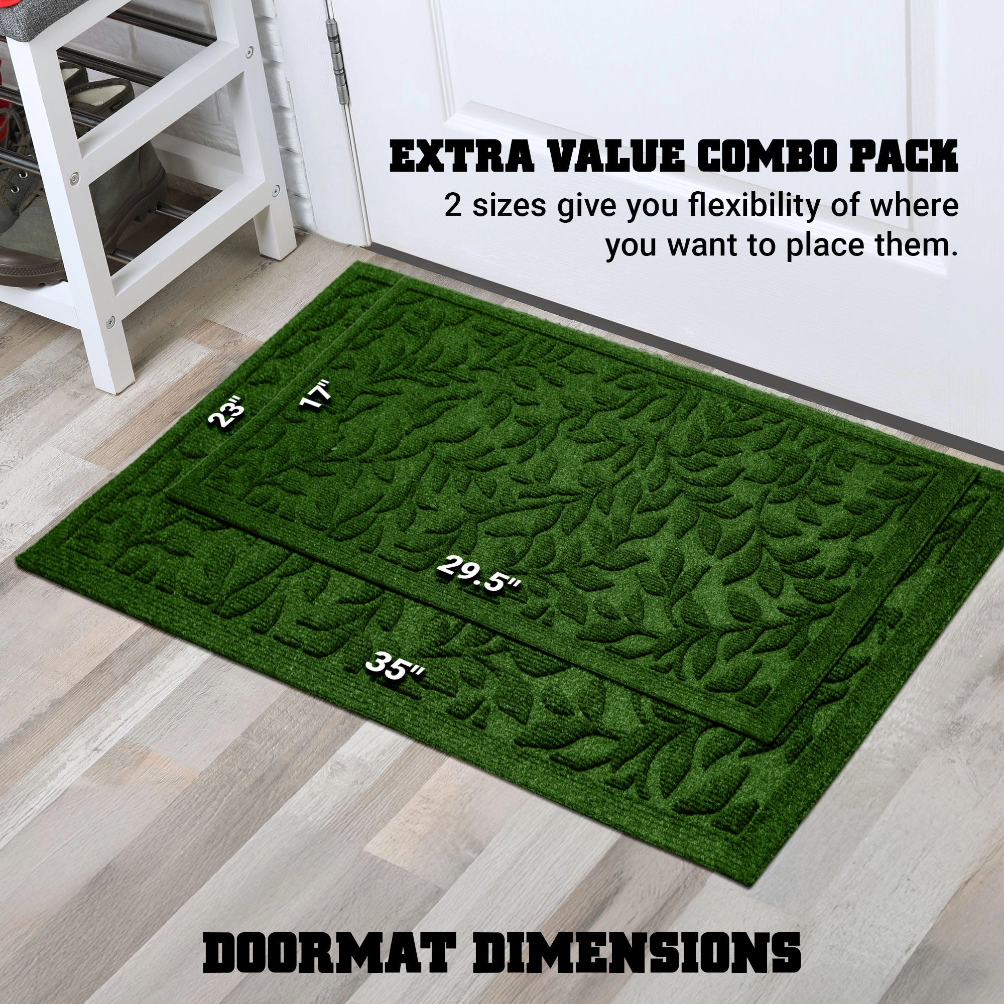 G128 Combo Pack Green Leaves Doormats - 17x29.5 & 23x35 in, Natural Rubber Non-Slip