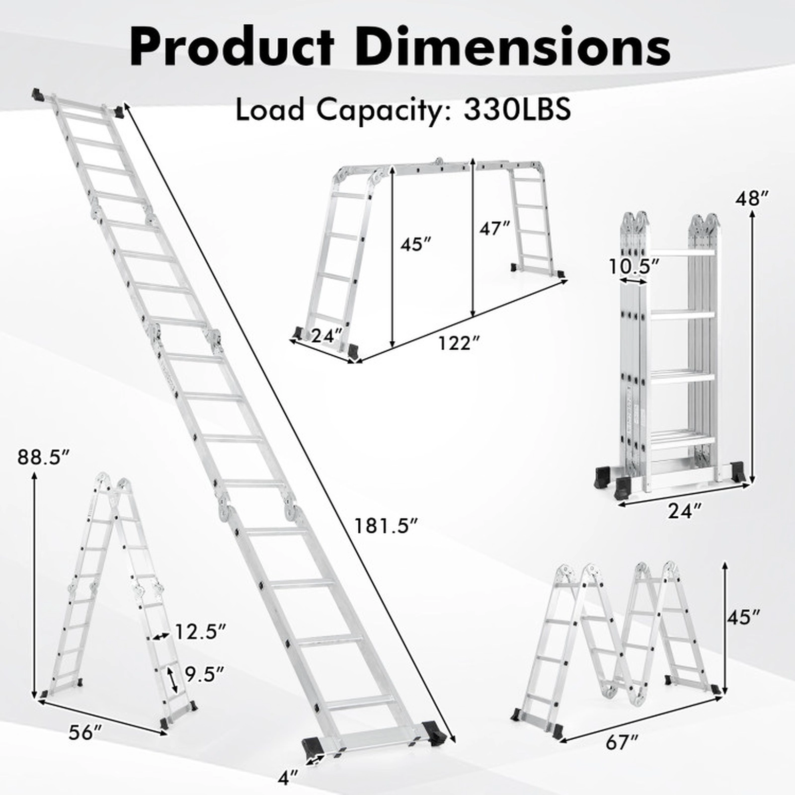SUGIFT 15-ft 7-in-1 Folding Aluminum Alloy Multi-Purpose Ladder 24-in x 4.5-in x 181.5-in 330-lb Capacity Silver