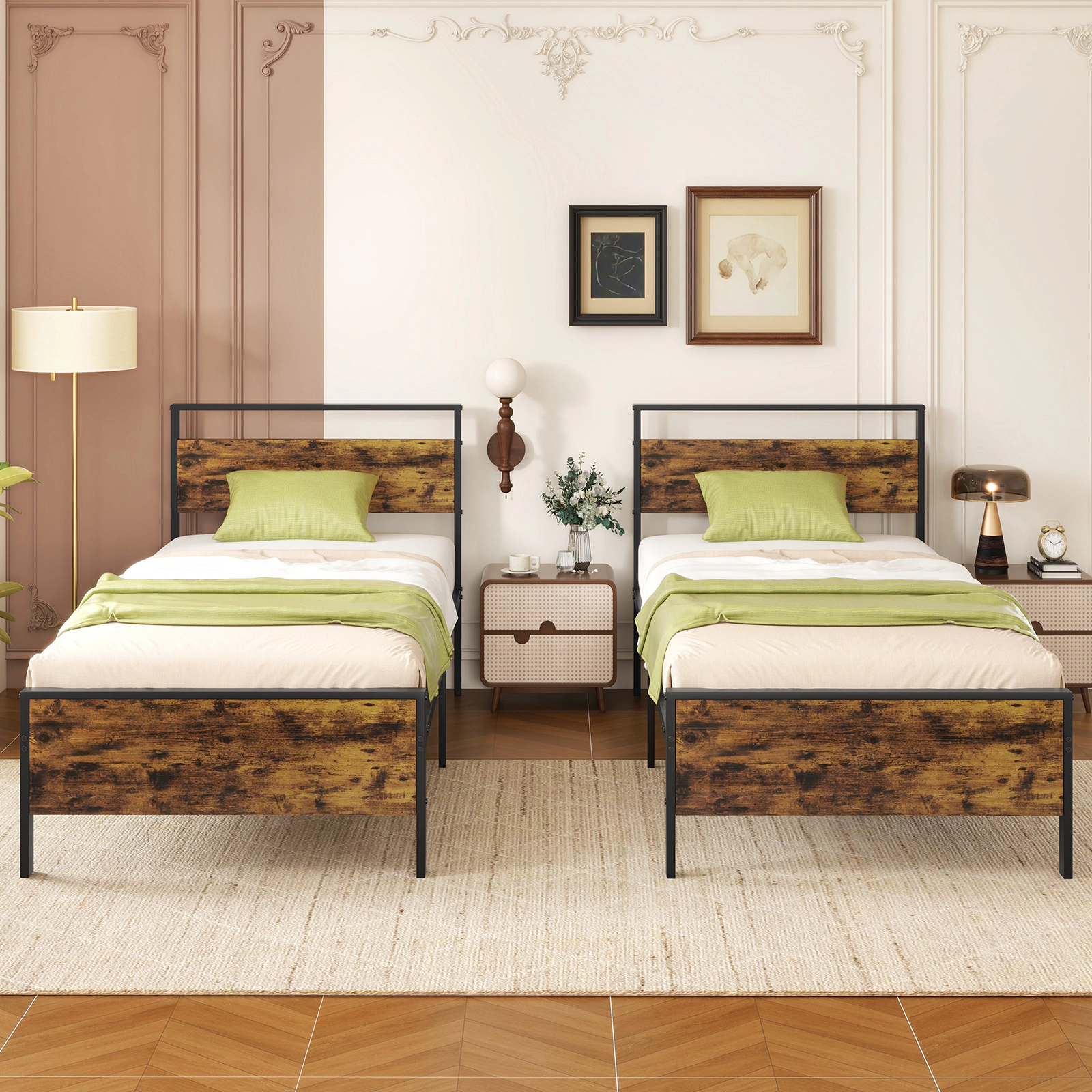 SUGIFT Twin Industrial Metal Platform Bed, Rustic Brown Wood Panels, 480-lb Capacity