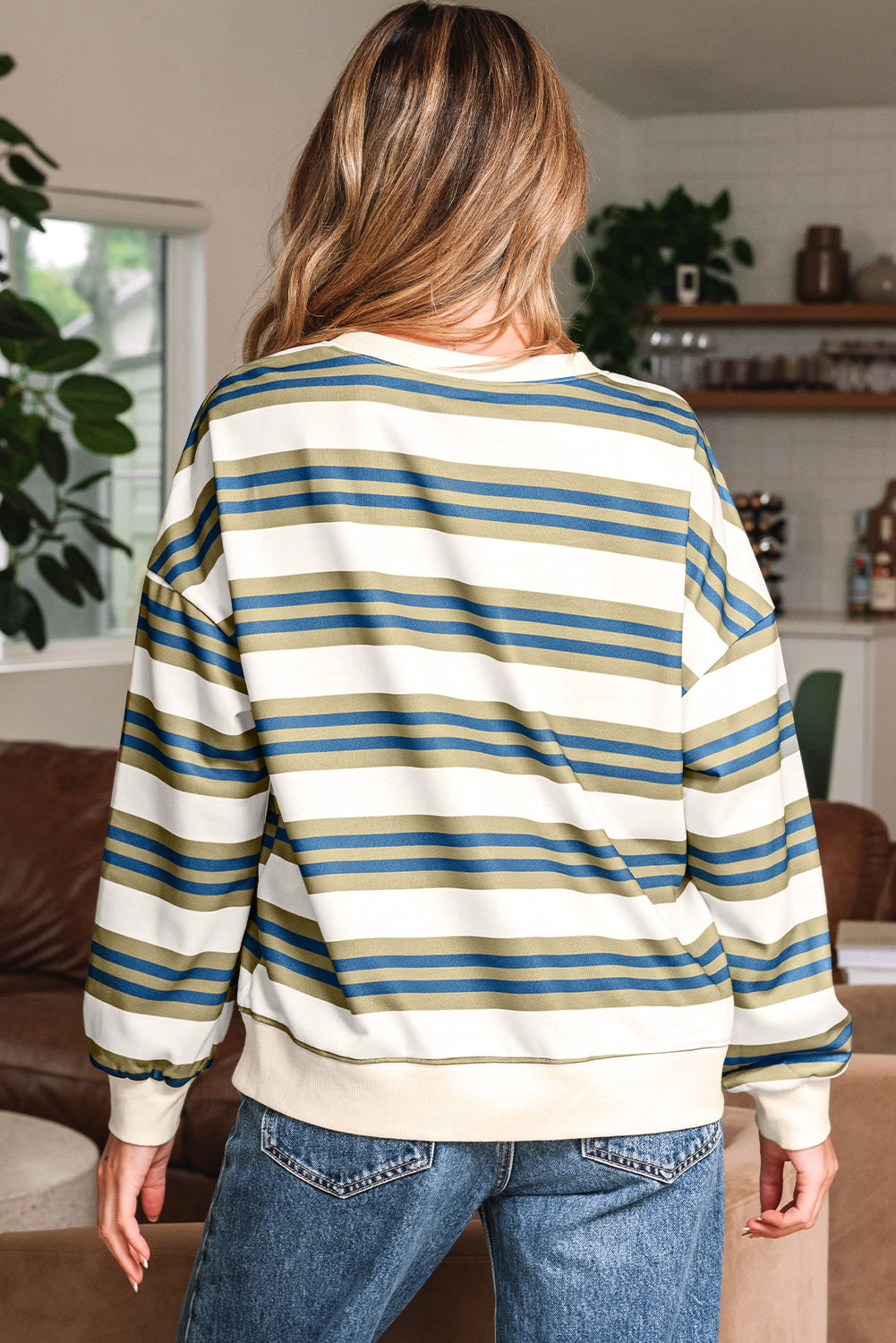 Threaded Pear Women's Rose Stripe Crew Neck Pullover Sweatshirt