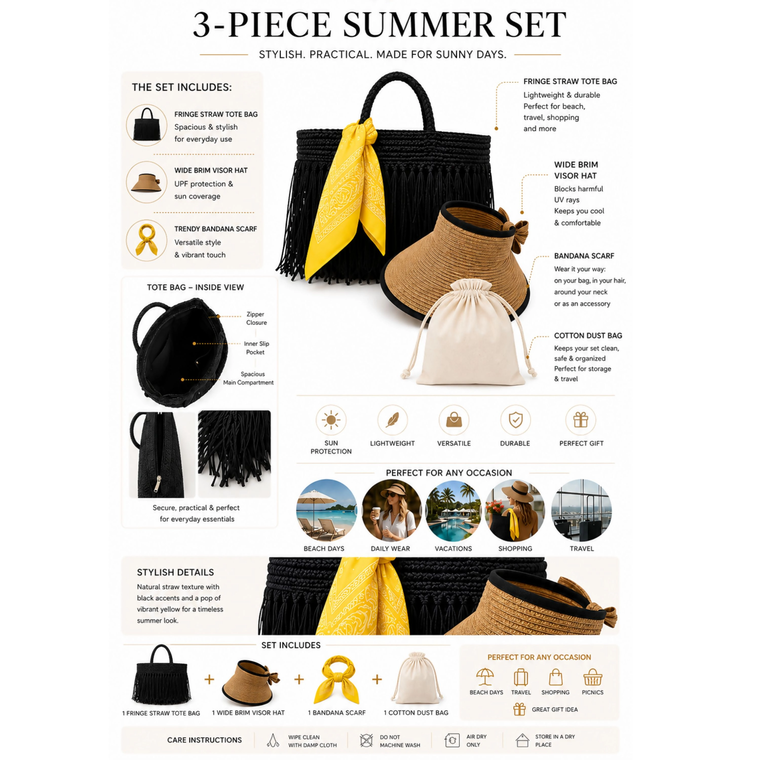 Wear Sierra Women's 3-Piece Set, Straw Tote Bag with Sun Visor Hat & Fashion Scarf